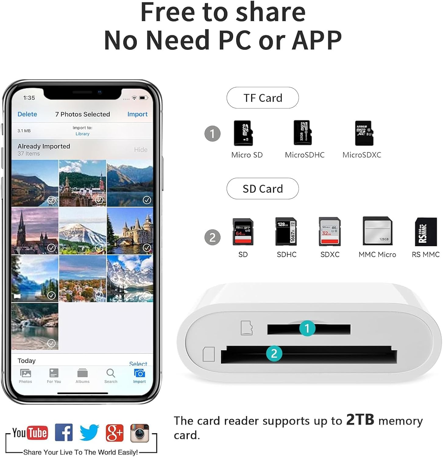 Leitor de cartão SD/Micro SD para iPhone/iPad/câmera, compartimento duplo para cartão suporta leitor de cartão de memória portátil SD e TF monitor de câmera SD Cartão Adaptador de Leitor de cartão SD/Micro SD para iPhone/iPad/câmera, compartimento duplo para cartão suporta leitor de cartão de memória portátil SD e TF monitor de câmera SD Cartão Adaptador de