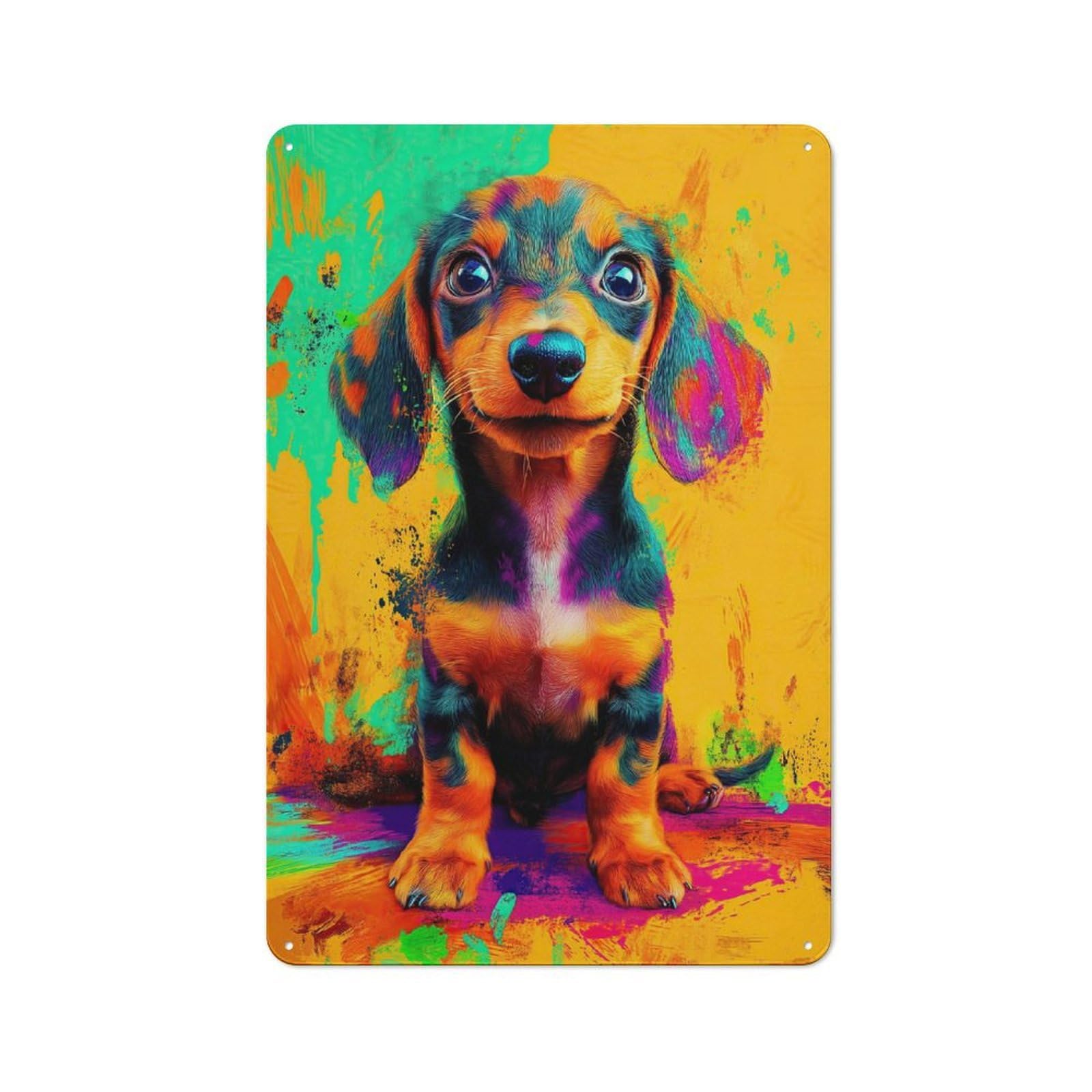 Junmoney Style-12 Vintage Tin Sign 30X20cm With Colorful Dachshund Puppy For Living Room Or Hallway, For Vintage Wall Decor Fans, For Metal Sign Collectors