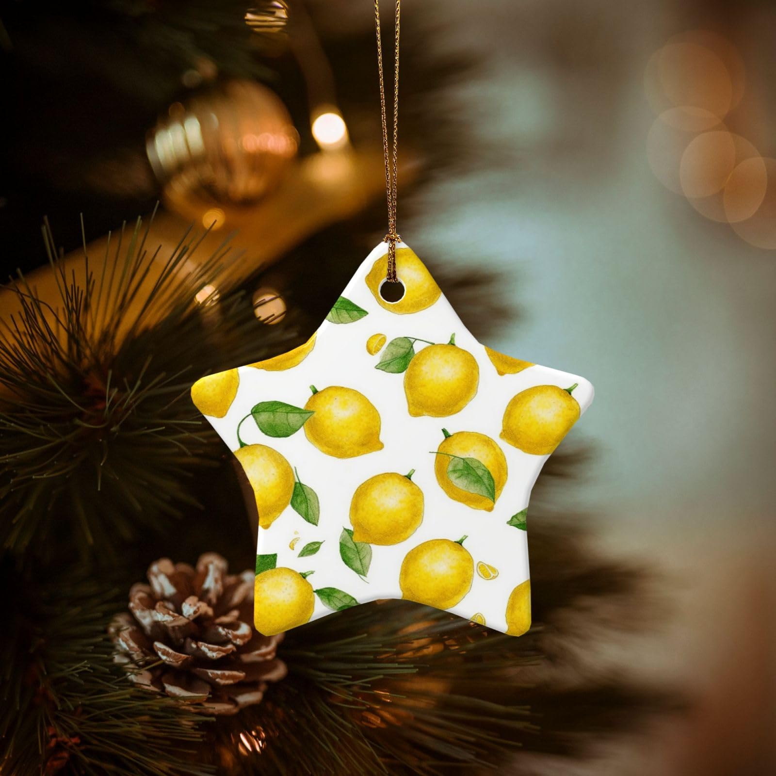 Christmas Tree Ornaments Ceramics Christmas Decorations Yellow Lemon Ornaments with Gold Ribbon Porcelain Xmas Tree Crafts Star Shape Hanging Pendant for Christmas Tree Party Decor