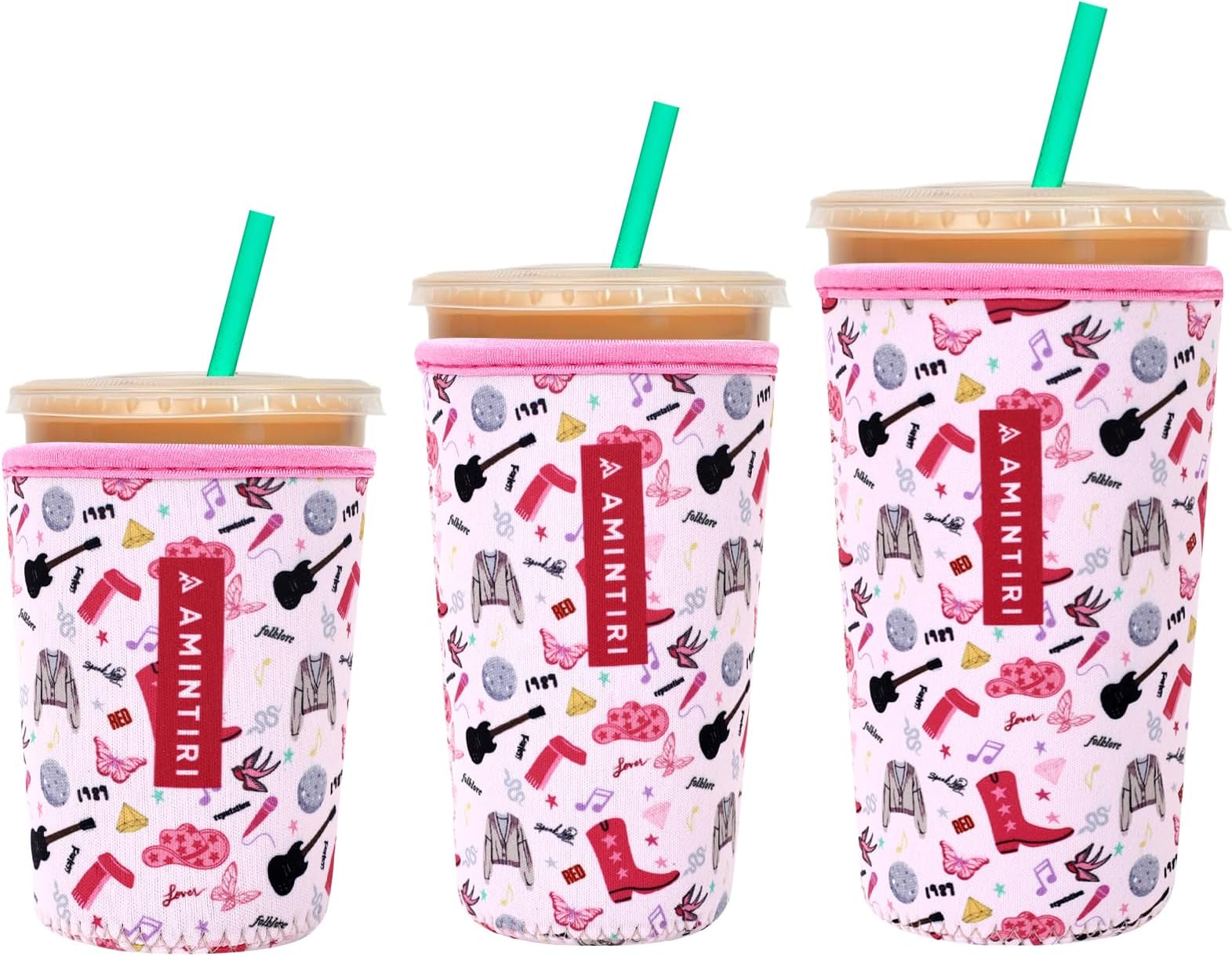 3 Pack Reusable Sleeve for Iced Coffee Cup, Coffee Neoprene Sleeve for Iced&Hot Drinks, Coffee Sleeve Compatible with Starbucks, Dunkin Coffee Cup. (On Tour Pink)