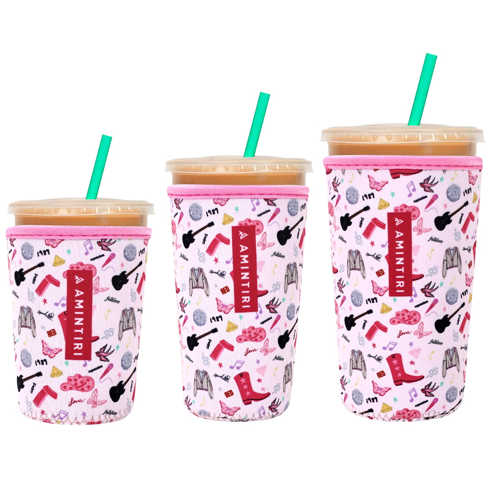 3 Pack Reusable Sleeve for Iced Coffee Cup, Coffee Neoprene Sleeve for Iced&amp;Hot Drinks, Coffee Sleeve Compatible with Starbucks, Dunkin Coffee Cup. (On Tour Pink)