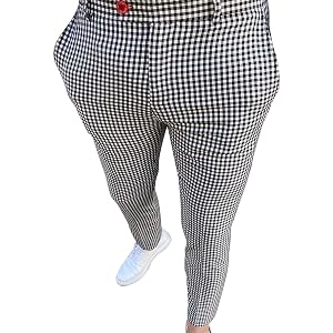 Mens Plaid Chino Pants Flat Front Skinny Slim Fit Stretch Suit Pant Casual Stylish Business Dress Trousers