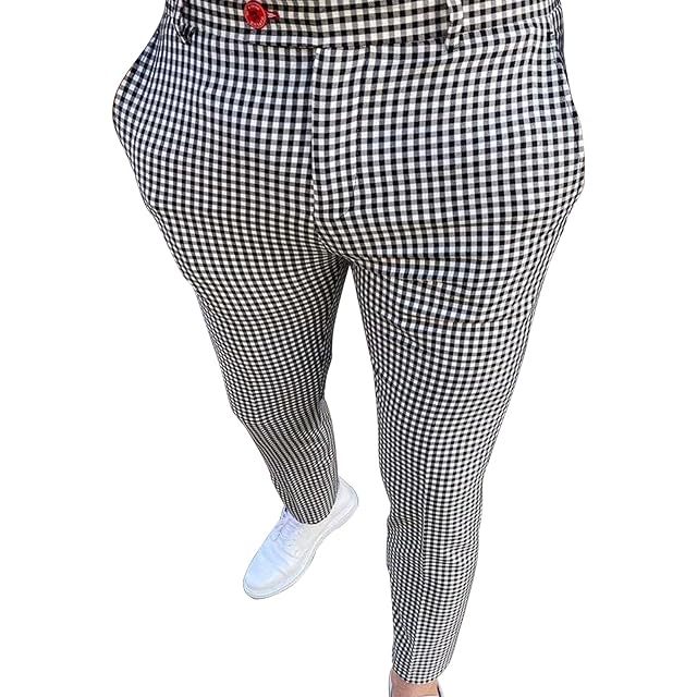 Mens Plaid Chino Pants Flat Front Skinny Slim Fit Stretch Suit Pant Casual Stylish Business Dress Trousers