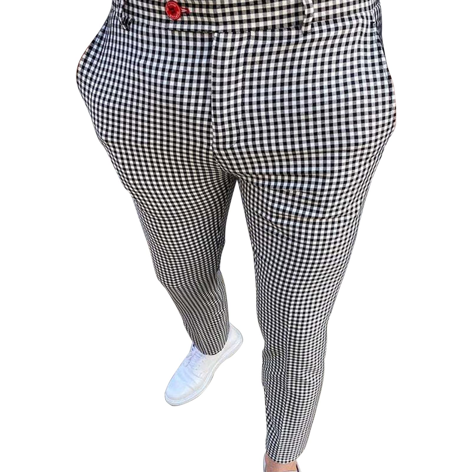 Mens Plaid Chino Pants Flat Front Skinny Slim Fit Stretch Suit Pant Casual Stylish Business Dress Trousers