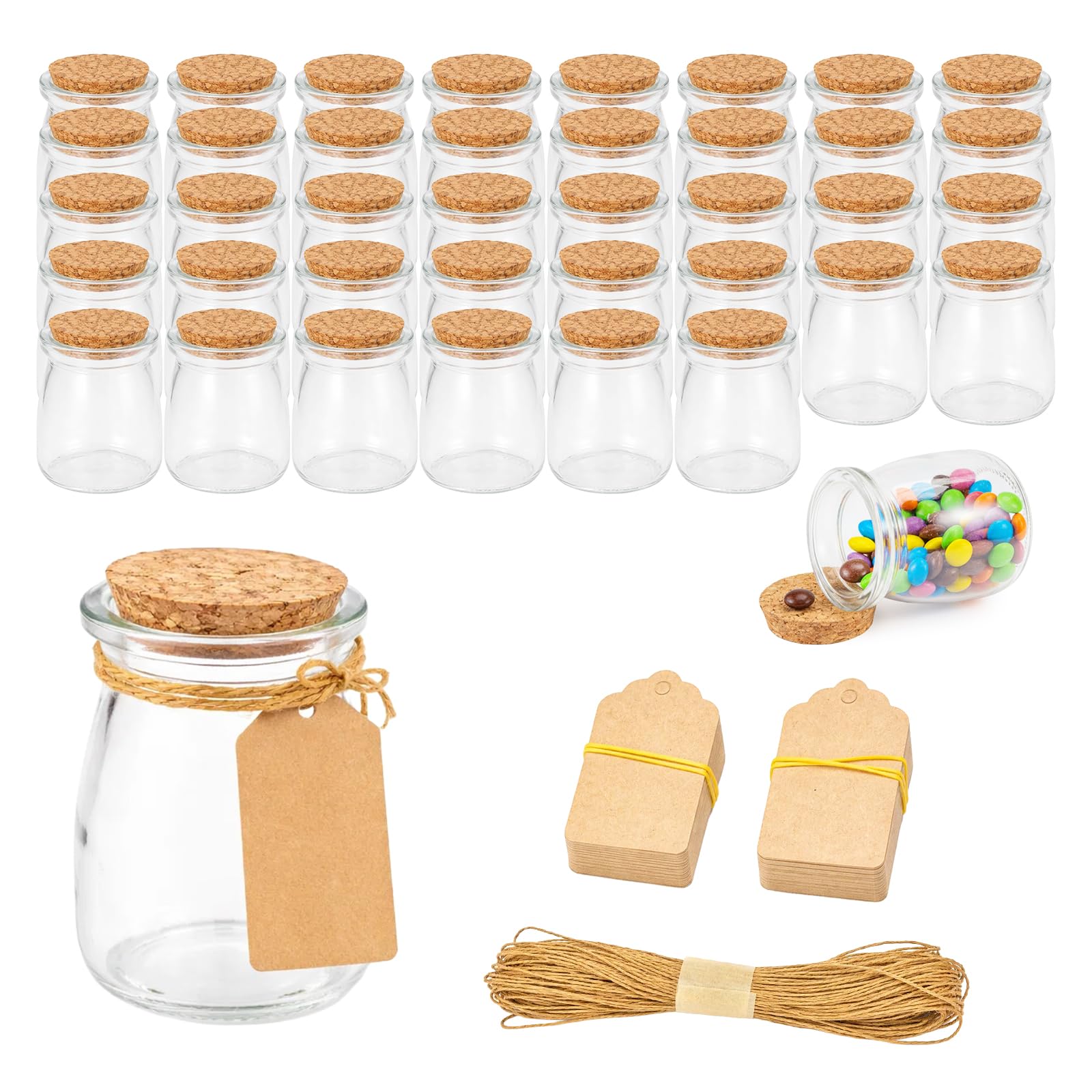 EVERGOODS 40 Pack Small Glass Jars 200ml/7 oz Glass Candy Jars with Cork Stoppers with Labels & Strings Clear Apothecary Jars for Wedding, Party Favors, Spice Storage, Bath Salts - Mini Containers for