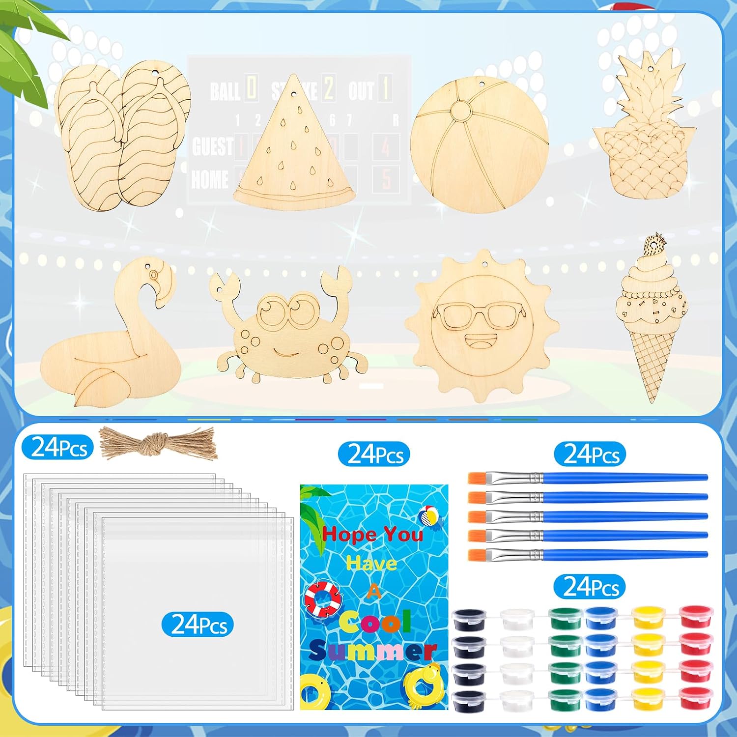 Saypacck 24 Pcs Summer Beach Party Favors Wooden Painting Craft Kits Birthday Party Supplies with Organza Bag for Goodie Bags Fillers Adult Thank You Gifts