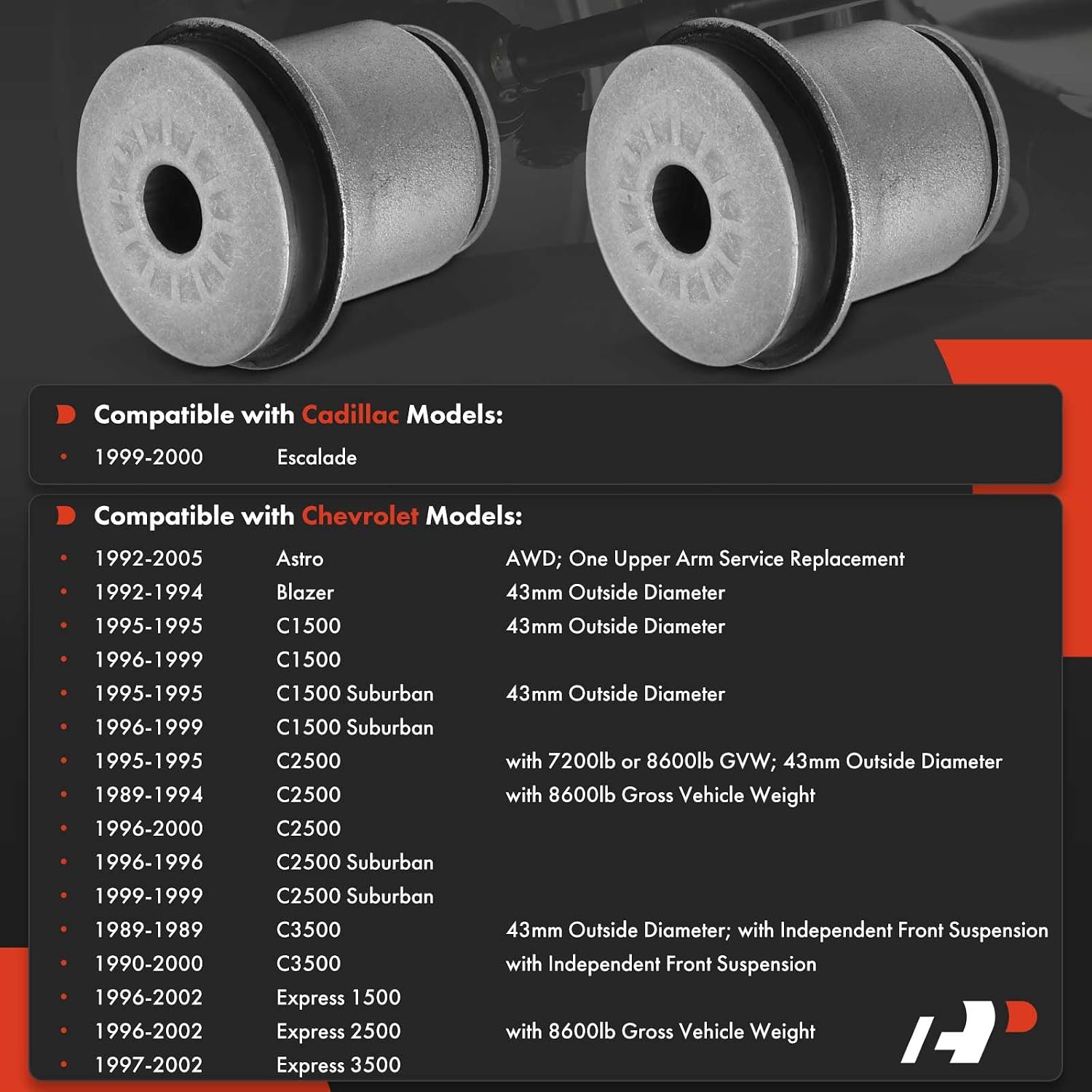 A-Premium 2 x Front Upper Control Arm Bushing Kit, Compatible with Chevrolet Tahoe, Blazer, Astro, C1500, C2500, C3500, K1500 & GMC Yukon, K1500, K2500, K3500, Safari, Savana 2500 & Cadillac Escalade