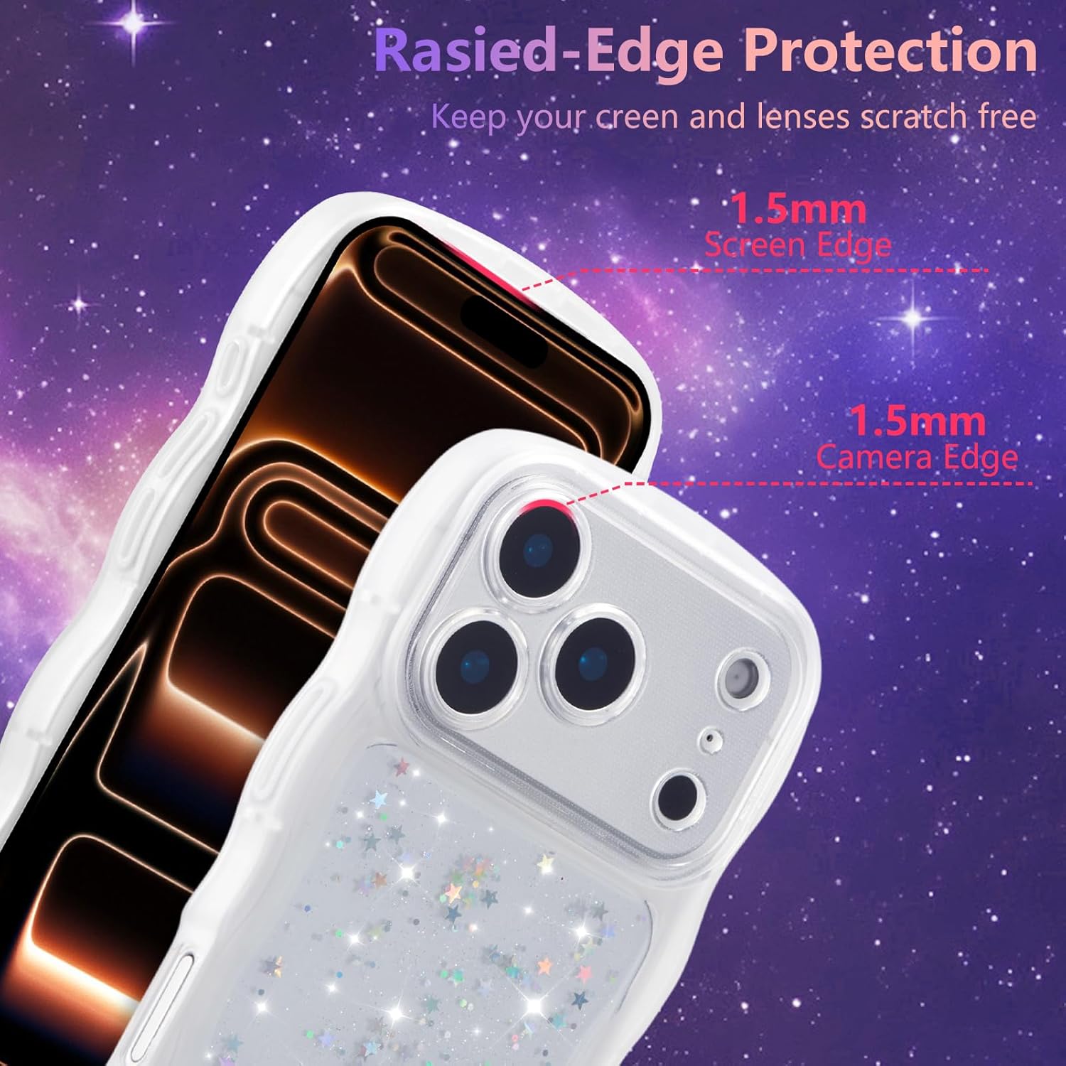 ZTOFERA for iPhone 17 Pro Max Case 6.9",Cute Curly Wave Case with Star Glitter,Clear Shiny Bling Soft TPU Shockproof Phone Protecive Cover for Women Girls-White - Image 2