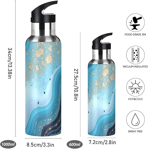 Miniatura 2 de Kcldeci Botella de agua deportiva Ocean Marble Blue Gold de 20 onzas con aislamiento al vacío de acero inoxidable con pajita, taza térmica de metal