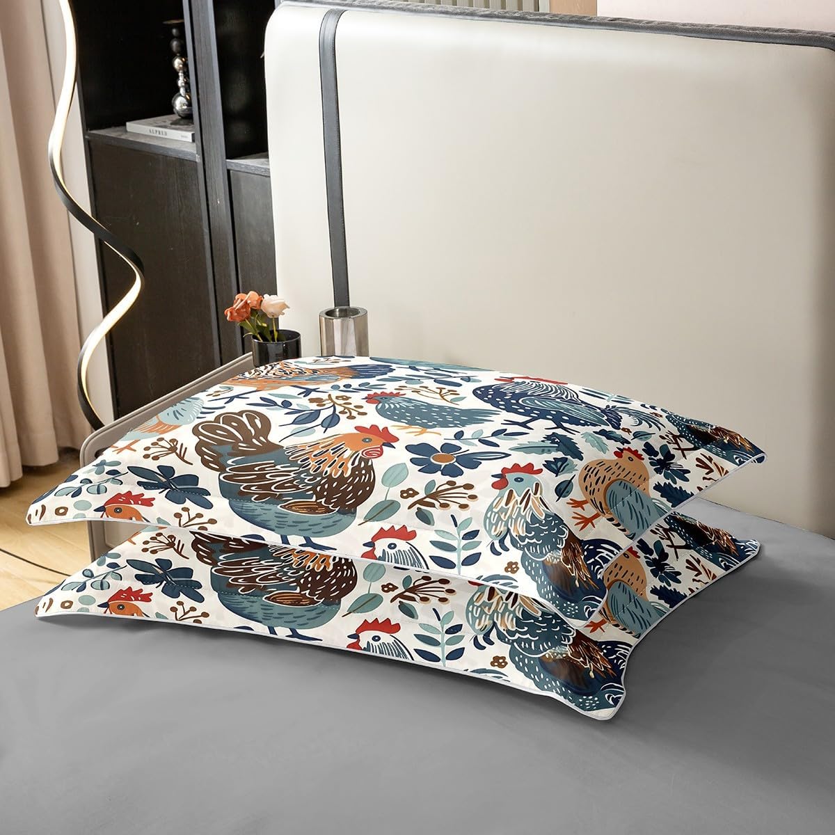 Erosebridal Chickens 100% Cotton Duvet Cover Queen Size Cock Bedding Set for Kids Boys Girls Rural Rustic Watercolor Countryside Comforter Cover Teal Blue Red Soft Breathable Bedclothes