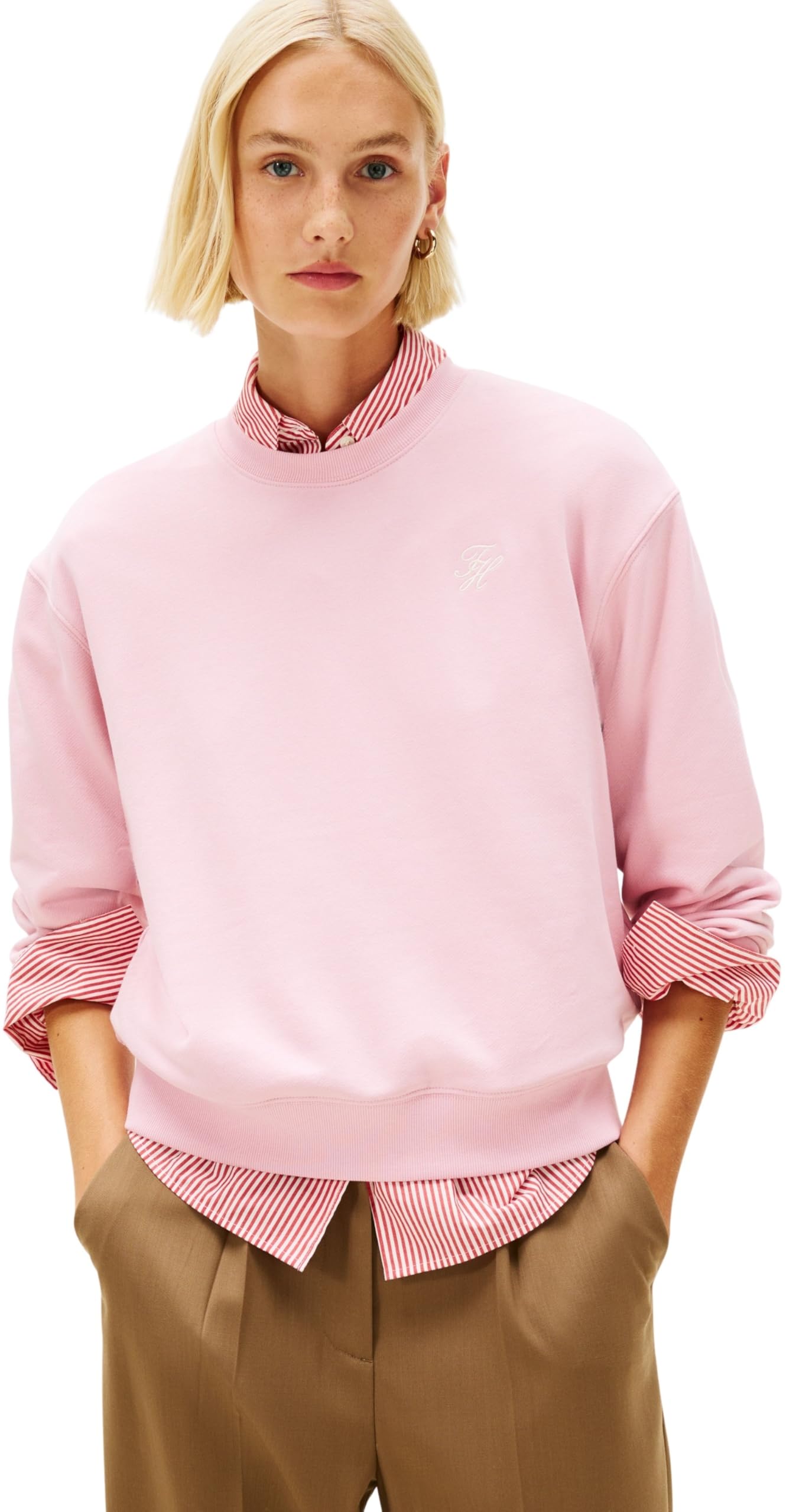 Tommy Hilfiger Women's TH SCRIPT REG TERRY SWTSHRT WW0WW49418 Pullover Sweatshirt, PINK (Bonita Pink), L