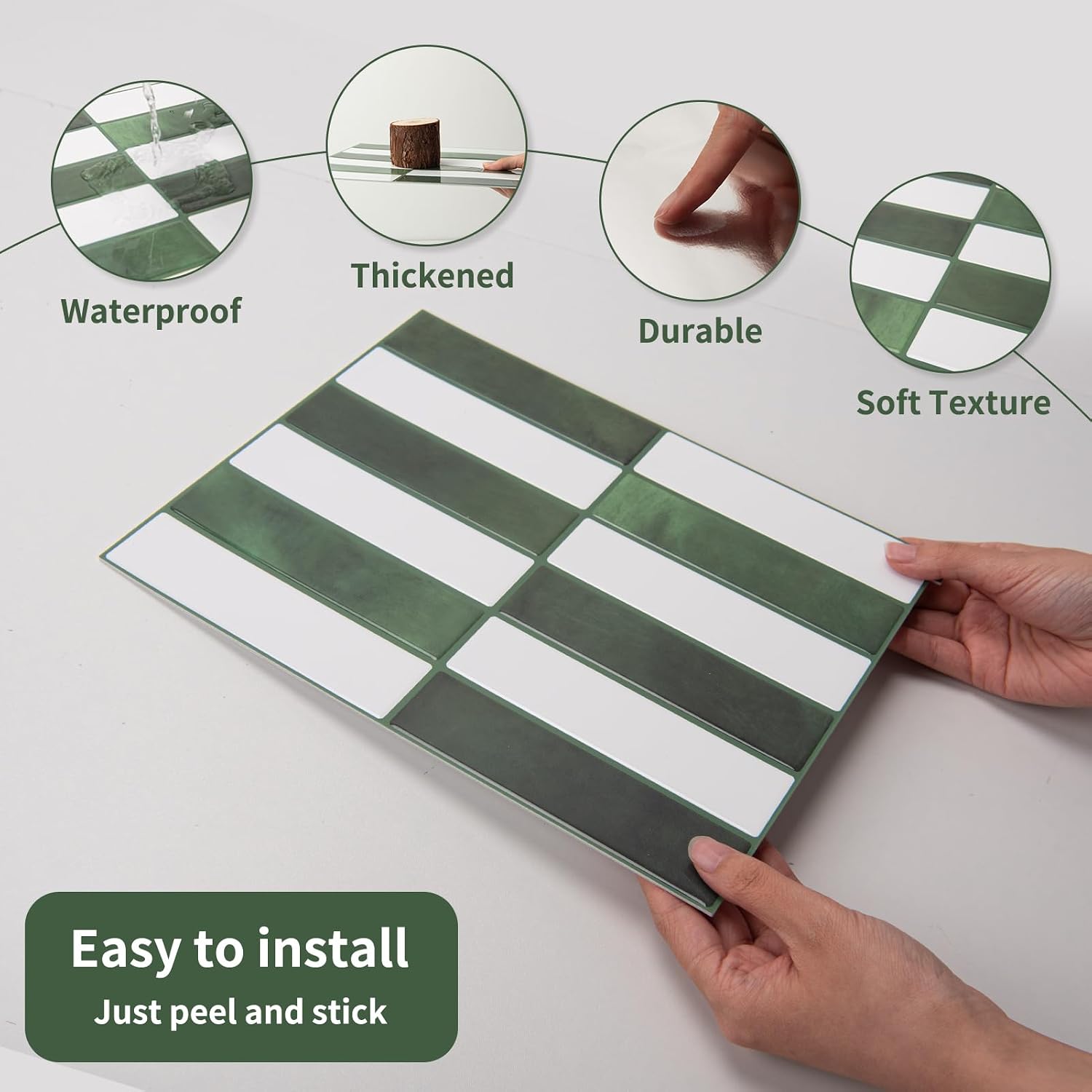 LONGKING Grass Green Thickened Peel and Stick Backsplash Tiles, 10-Sheet | Peel and stick backsplash, self-adhesive wall tile, Grass Green, thickened, waterproof, kitchen bathroom wall, 10-sheet