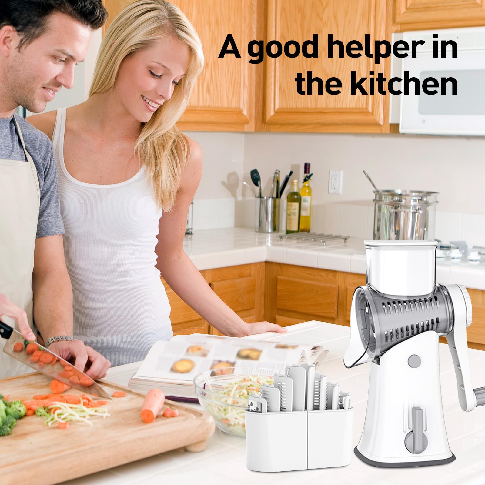 APSARAS USA - Rallador de queso con manivela, rallador giratorio 5 en 1, cuchillas de acero inoxidable reemplazables con base de succión fuerte, utensilios de cocina fáciles de limpiar con caja de