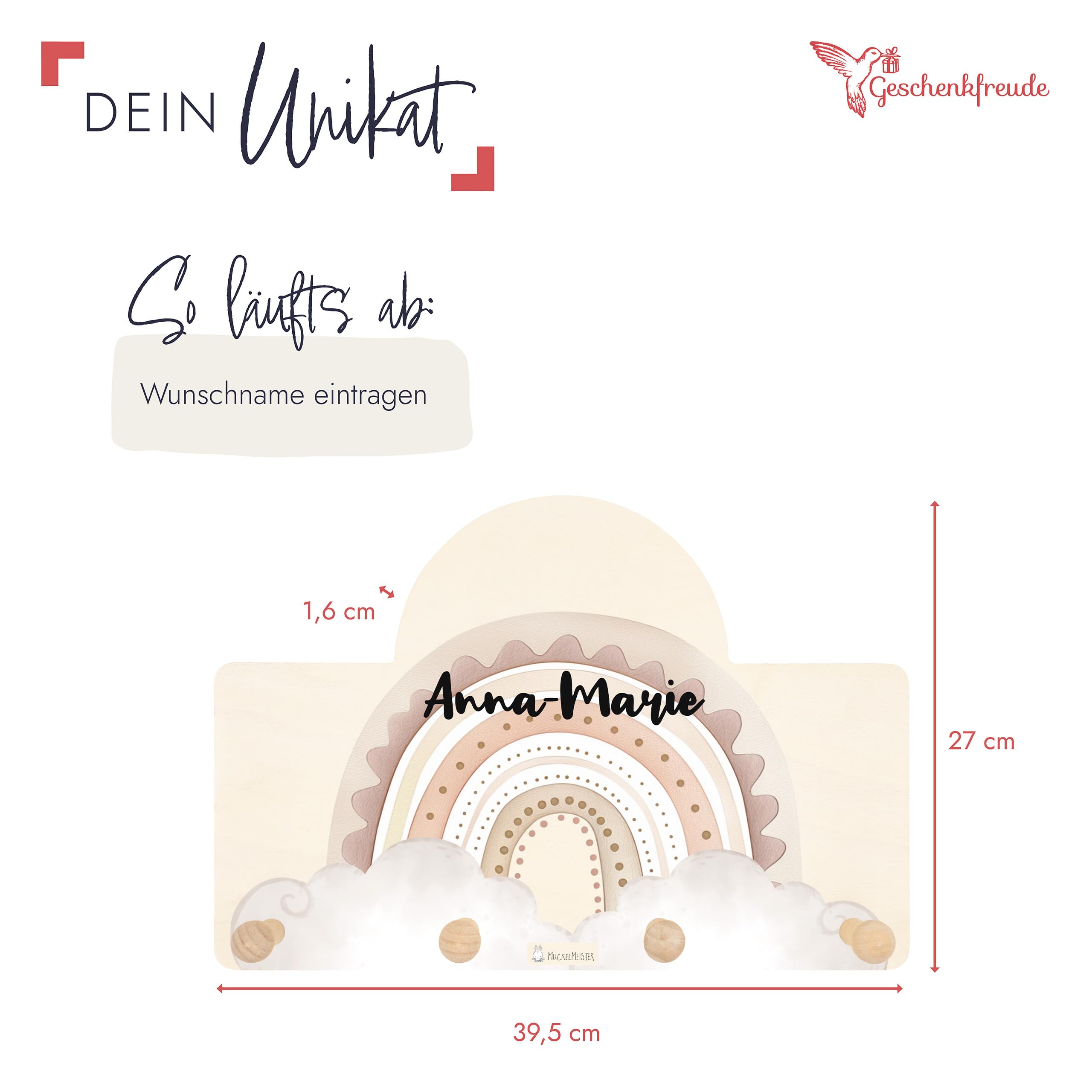 Geschenkfreude Personalsierte Kindergarderobe mit Namen aus Holz - Kinder Garderoben Regenbogen rosa - einzigartige Kinderzimmer Deko - Wandgarderobe - Baby Garderobe - Kleiderhaken für Kinder