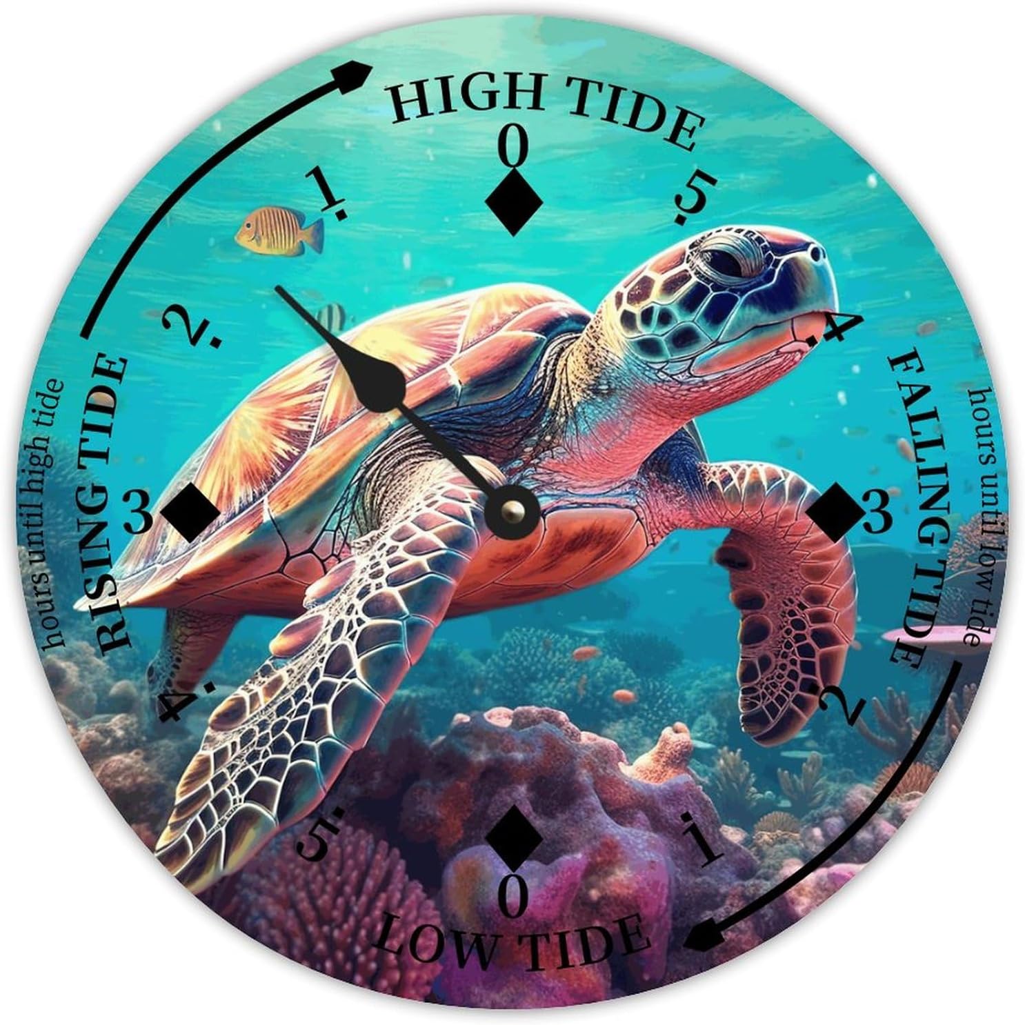 Vintage Beach Time Tide Clock - Sea Turtle Tidal Clock Moon Clock Silent Non-Ticking Battery Operated Wooden Wall Clock for Cottage Beach Boat Living Room Bedroom Home Decor 12x12 in