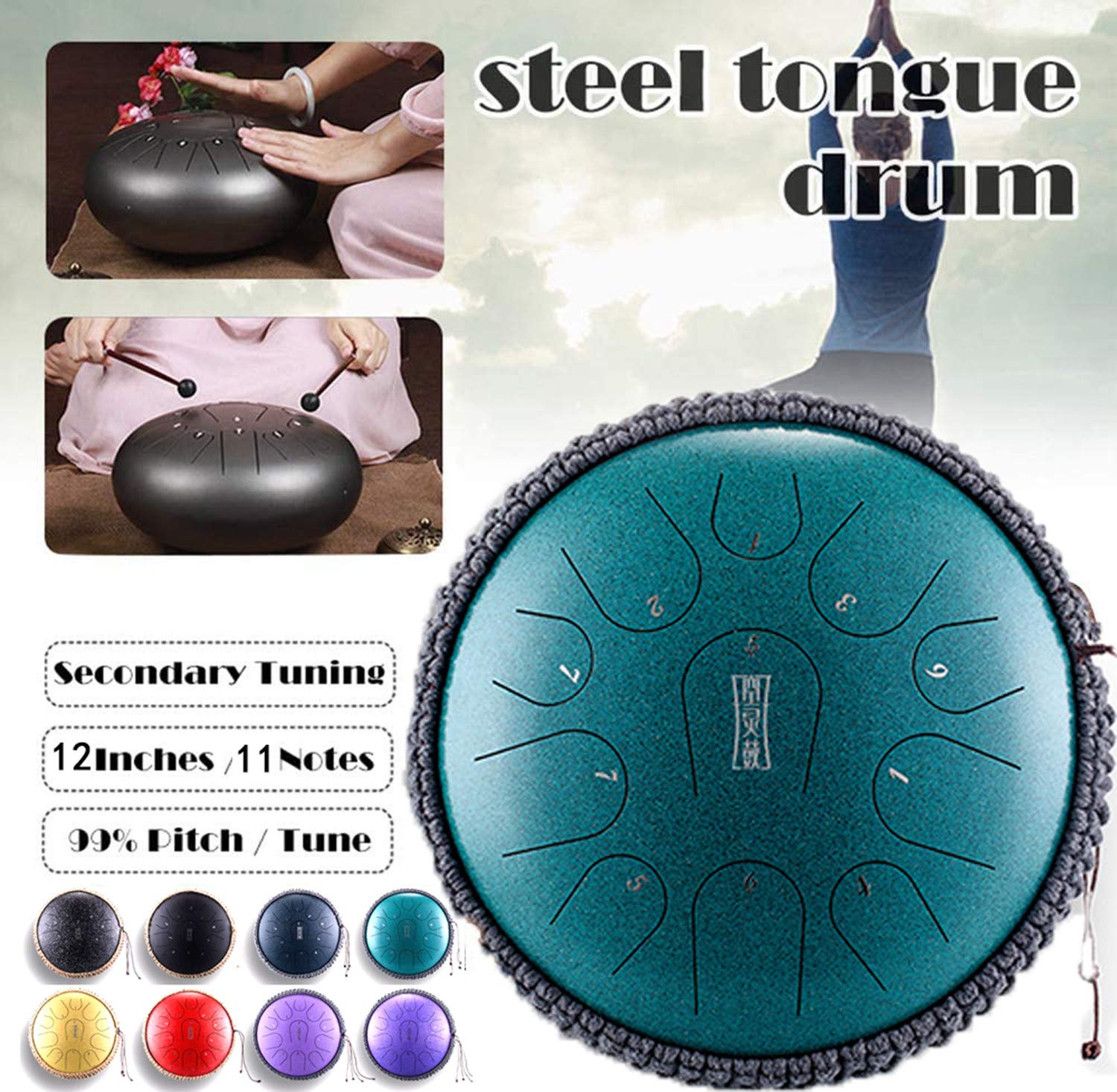 Tongue Drum - 11 Tons 12 Pouces -Drum Instrument à Percussion Tambour à Main pour la méditation personnelle,Le Yoga,Le Zen,Comprenant Un Tambour Livre avec Sac,maillets,médiators,A-02