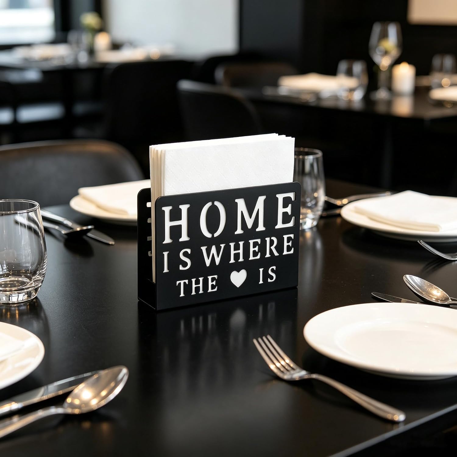 Black Metal Napkin Holder 2 Pack, Modern Freestanding Metal Napkin Dispenser with "Home Is Where The Heart Is" Cutout Decor, Countertop Paper Napkin Organizer for Kitchen, Dining Table, Bar