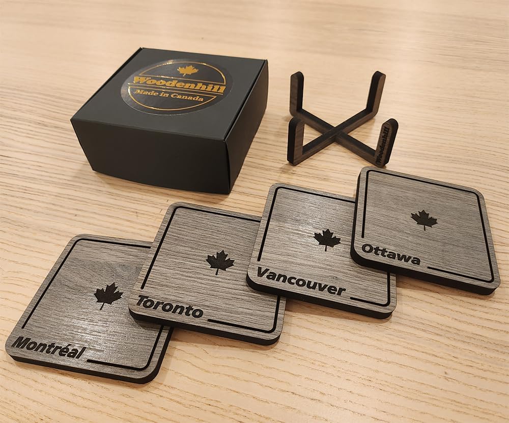 Canada Cities Coasters Set of 4 with Holder, 8mm Thickness, Hard Wood Board, Home Kitchen Drink