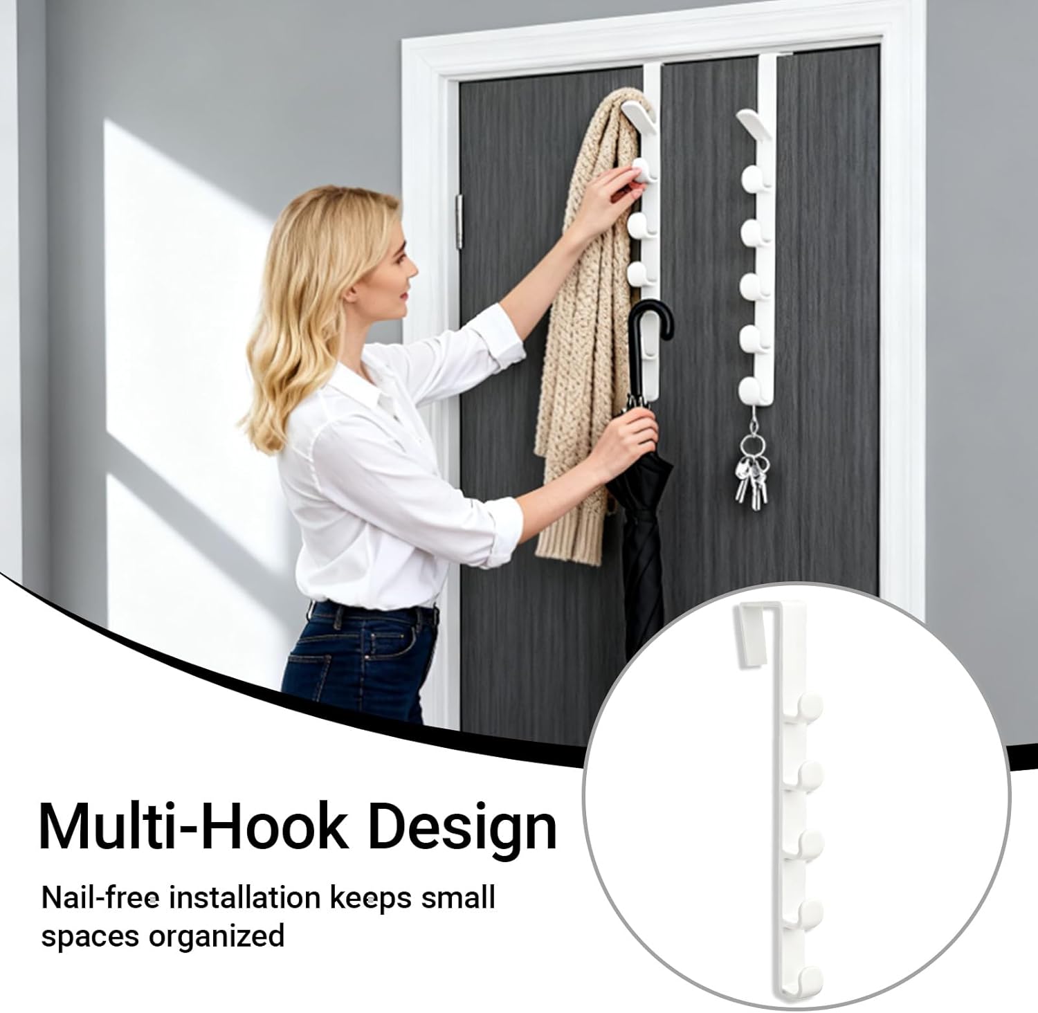 Over The Door Hooks-Door Hanging Hook Rack for Purse Closet,Coat Rack Wall Mount,5 Hooks,for Clothes,Hat,Bags
