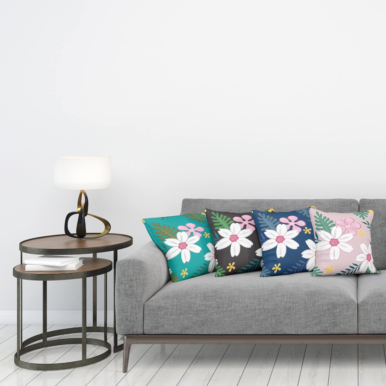 Ambesonne Floral Throw Pillow Cushion Case Pack of 4, Exotic Summer Flowers Cartoon Design Tropical Leaves Blooming on Colorful Backdrops, Modern Accent Double-Sided Printing, 20" x 12", Multicolor