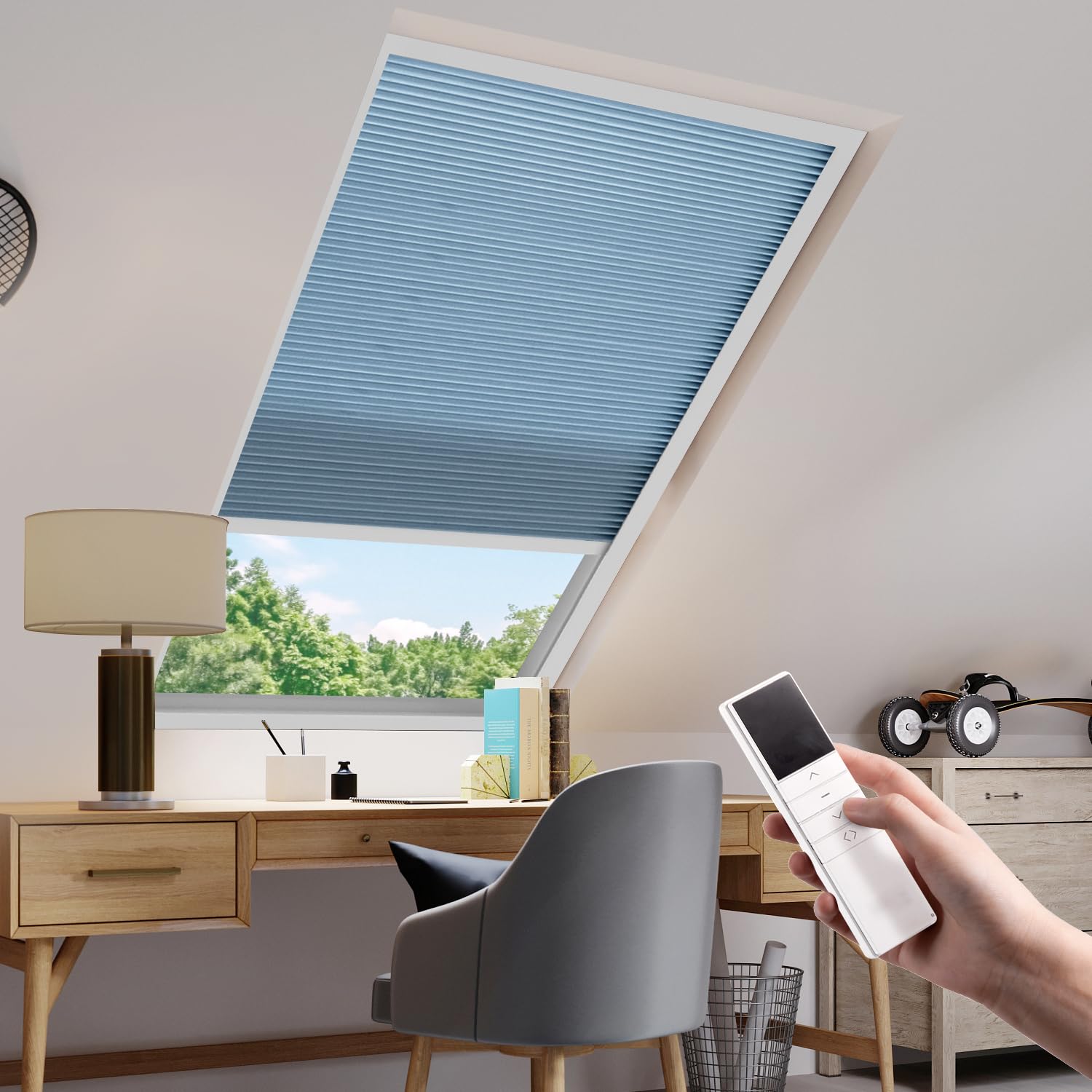 YESCENT Motorized Honeycomb Shades Cordless Over-size Customized Cellular Blinds Window Shades for Skylight Roof Inclined Plane Room Windows-blue(93020F)