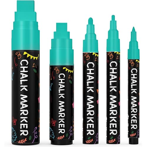 Chalkola 5 Teal Chalk Markers - Dry Erase Markers for Blackboard, Chalkboard Signs, Windows, Glass, Car | Variety Pack - Chalkboard Chalk Pens, Fine & Jumbo Size Ink Pen (1mm, 3mm, 6mm, 10mm, 15mm)