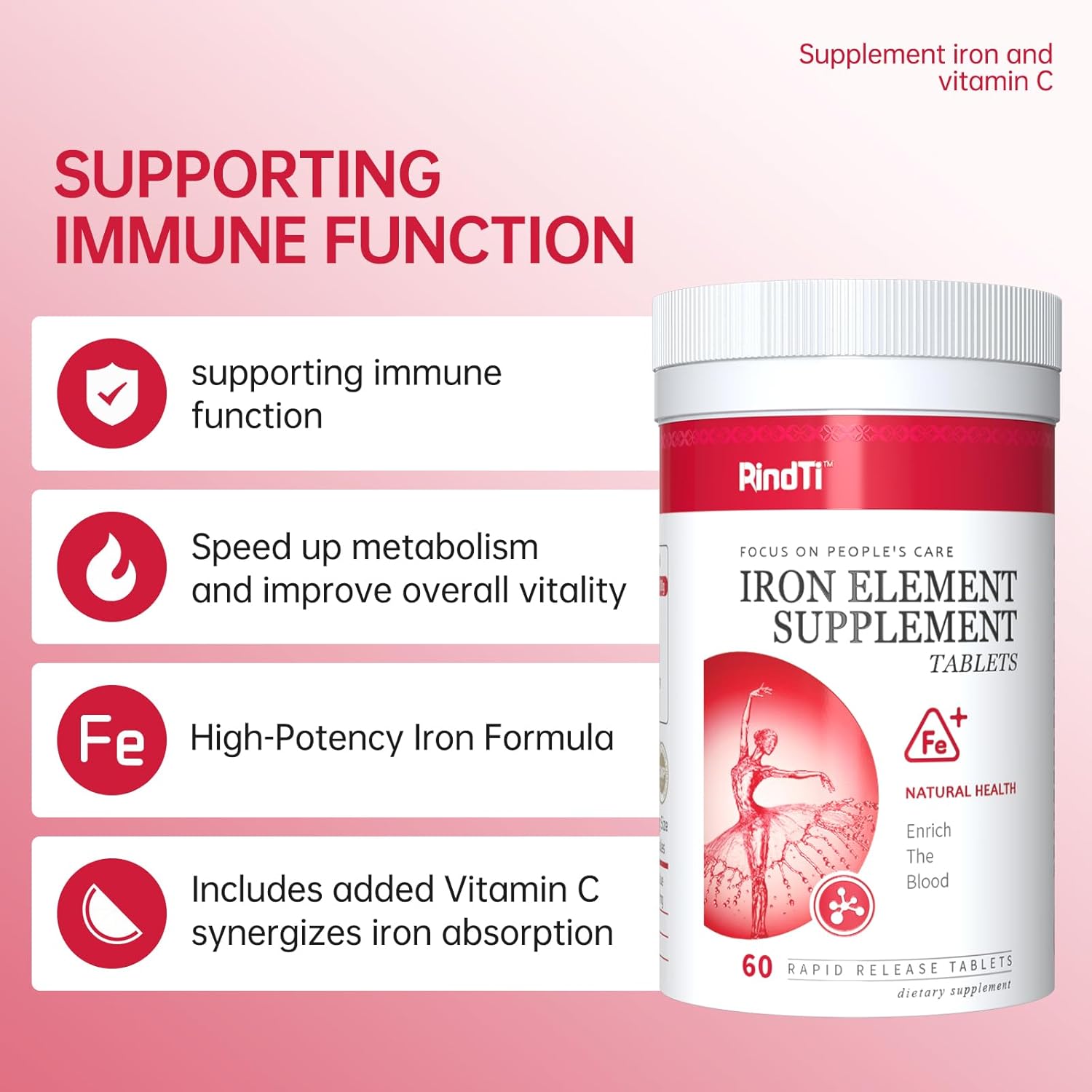 Daily Iron Supplement Tablets, Iron 60 mg with Vitamin C 250 mg, Support The Production of Healthy Red Blood Cells, Gentle Absorption Formula, 60 Servings