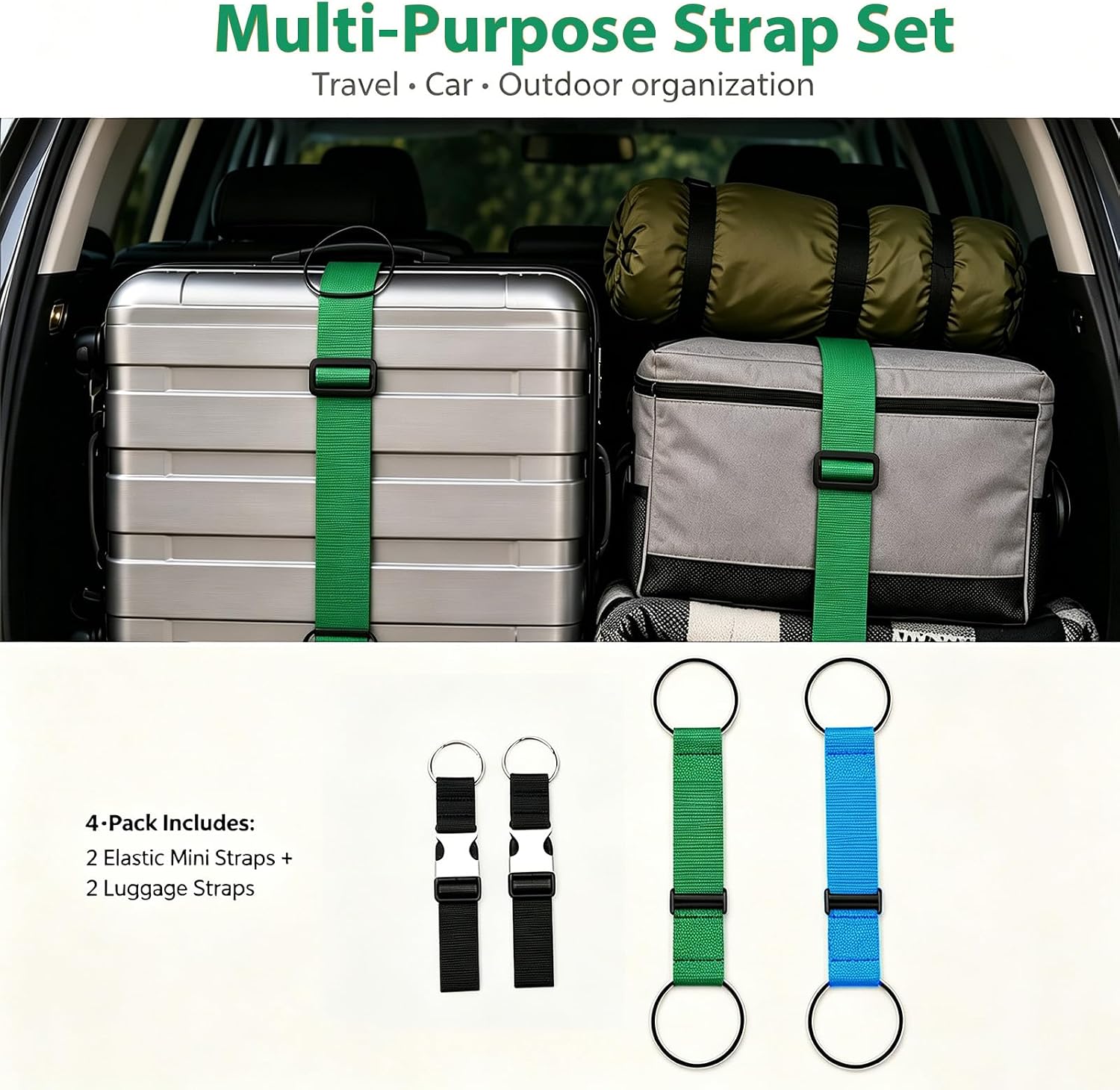 4 Pcs Adjustable Luggage Connector Straps, 2 Long & 2 Short Luggage Straps for Multiple Suitcases, Flexible Luggage Belt for Connecting Suitcases and Bags Stably, Green & Blue
