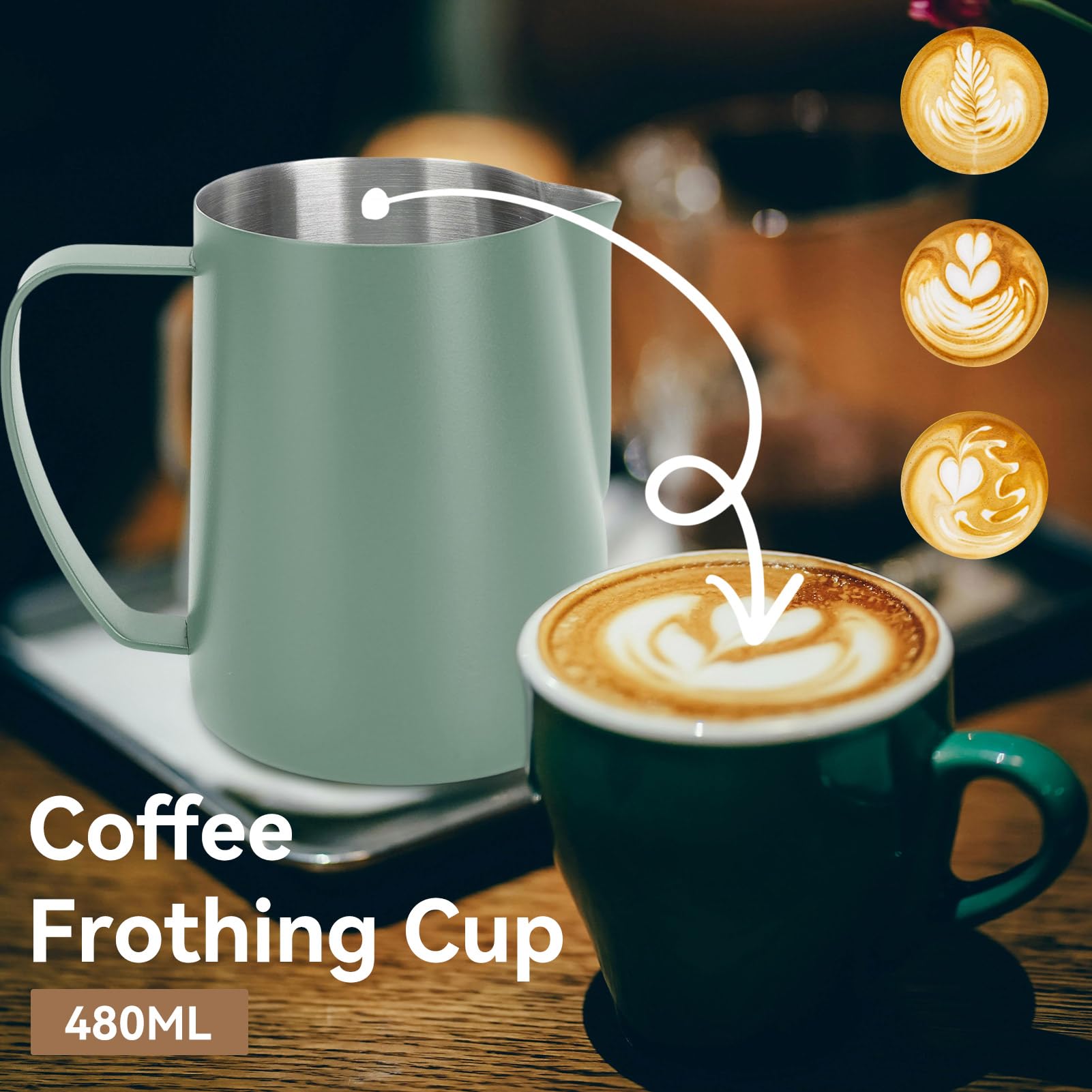 Jarra Para Espumar Leche, Jarra Humeante De Espresso De 480 Ml, Jarra De Leche De Acero Inoxidable, Taza Para Espumar Leche, Jarra Para Leche, Taza Para Café(Verde oscuro)