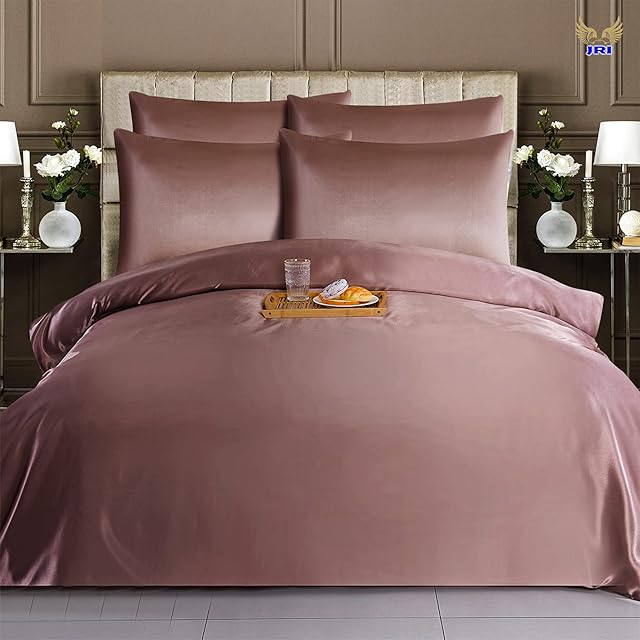 6PCS Satin Duvet Cover Bedding Set Plain Luxury Soft Bed Set Include (1xDuvet Cover, 1xFitted Sheet, 4xHousewife Pillow Case) (Double, Blush Pink)-(Same Day Dispatch)