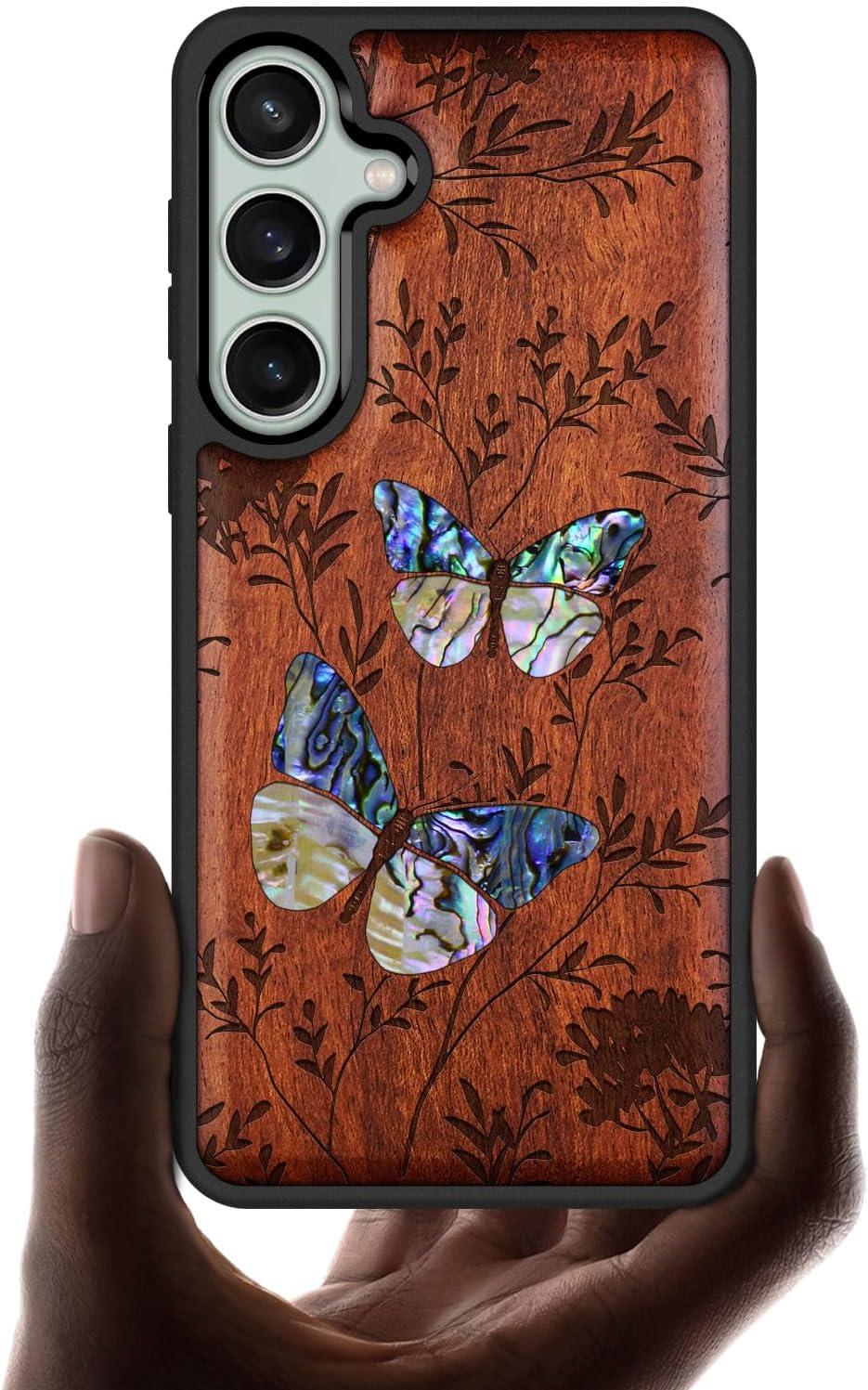Carveit Designer Wooden Case for Samsung Galaxy S23 FE Cover [Wood Engraving & Shell Inlay] Compatible with Wireless Chargers S23 FE Case (A Dance of Nature-Rosy)