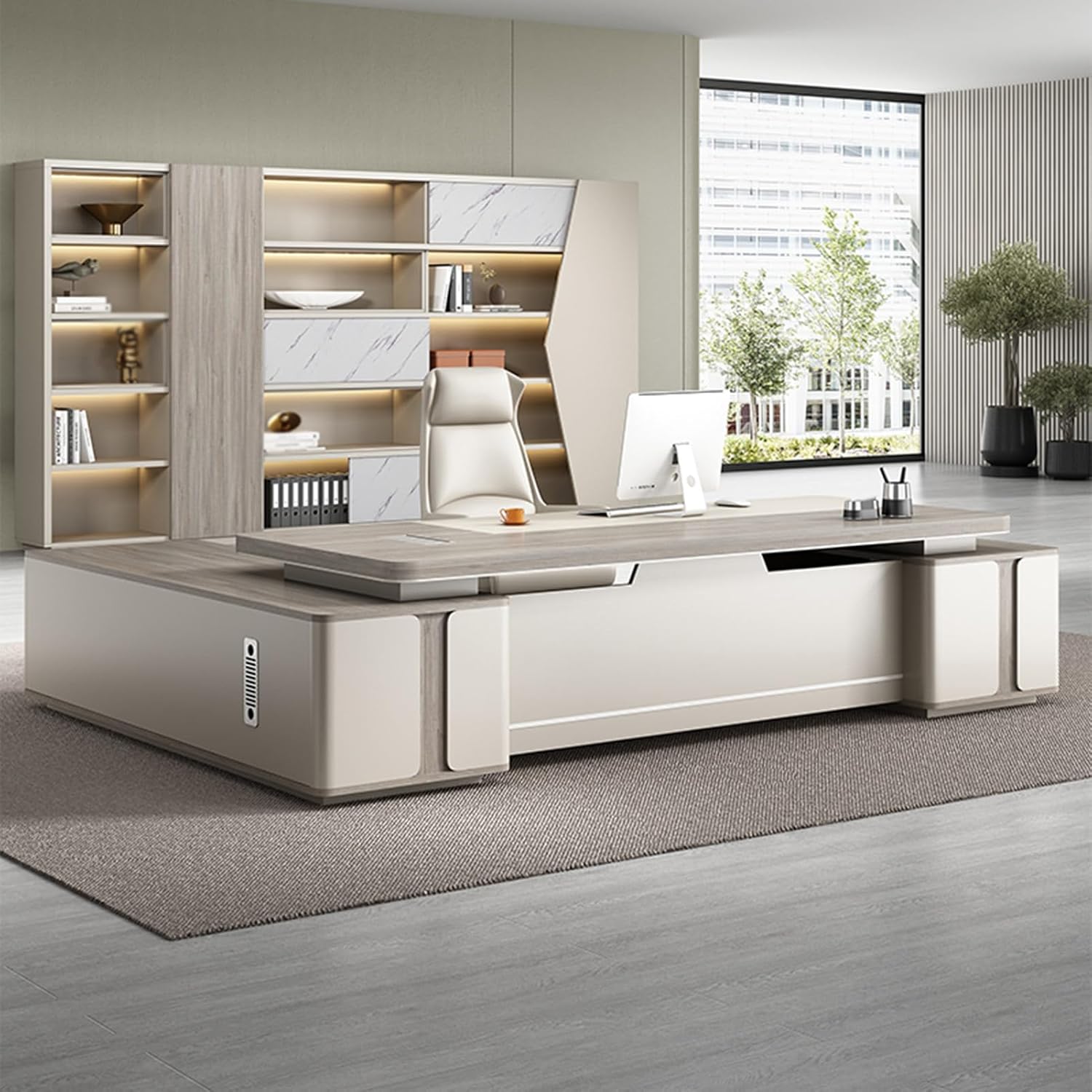 Rustic L Shaped Computer Desk Executive Office Desk with File Drawers Writing Study Table Business Furniture Set for CEO Boss