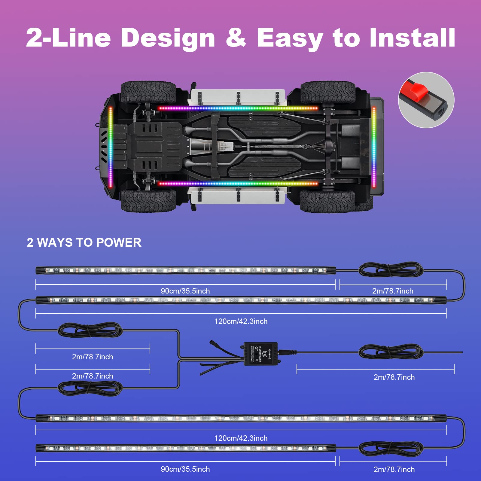 Car Underglow Lights Kit for Cars, Dynamic or Static Neon Light, 2 Lines Design Led Underglow
