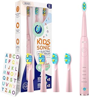 SEAGO Kids Electric Toothbrush, Sonic Soft Bristle Rechargeable Toothbrushes with DIY Stickers, 5 Modes, Includes 4 Replac...