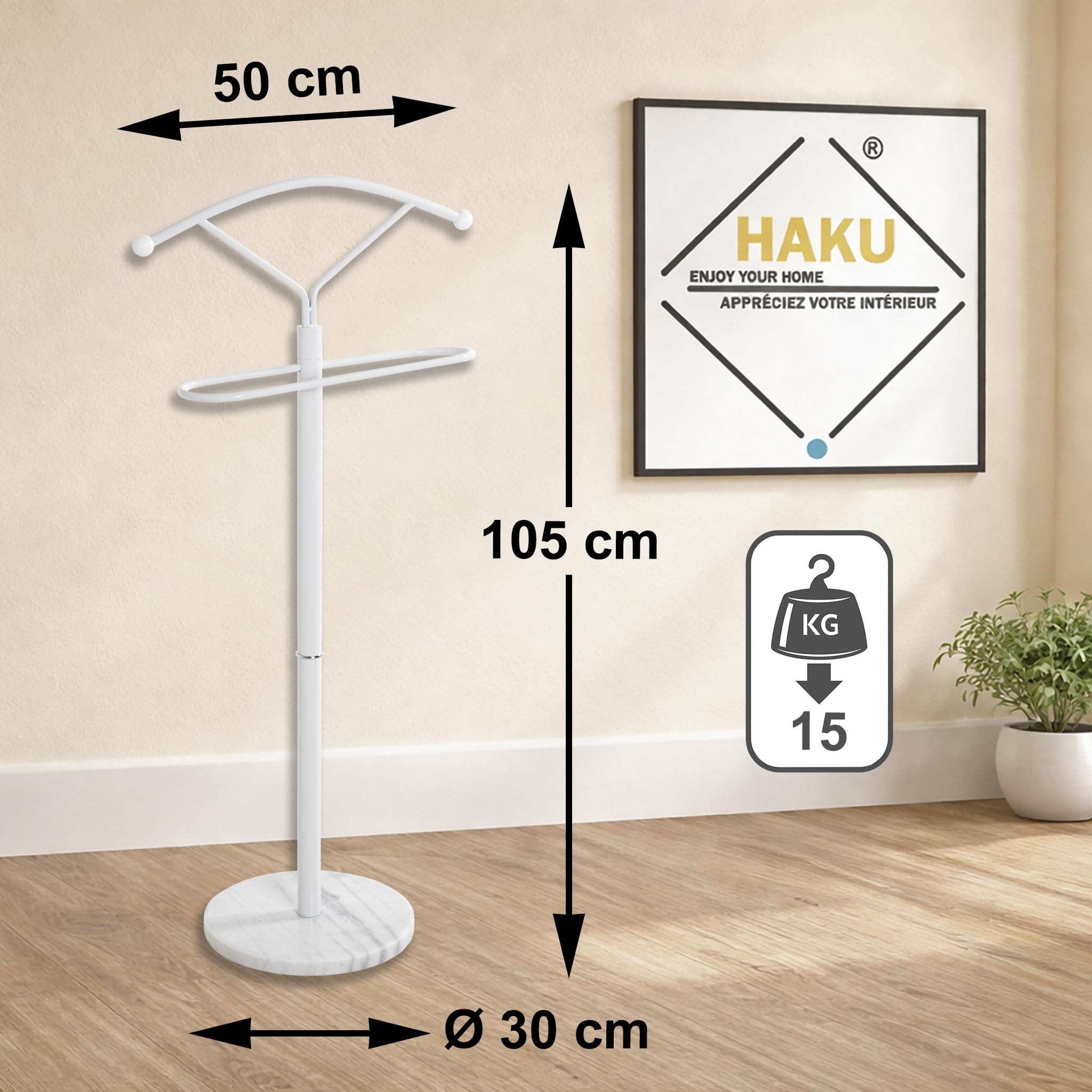 HAKU stojak na ubrania męski marmur biały metal cichy służący sypialnia - wymiary: szer. 50 x wys. 105 x gł. 32 cm, styl: nowoczesny