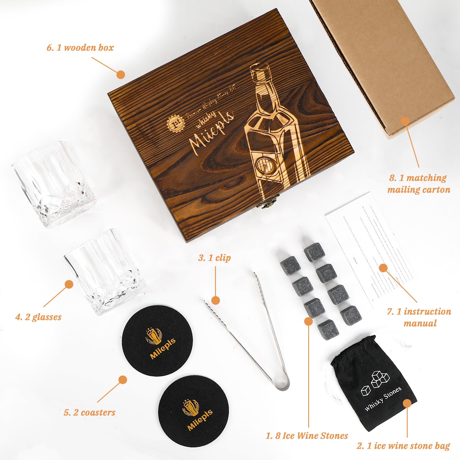 Whisky, Whisky Gläser Set, Whisky Steine Geschenkset, 8 Whiskey Steine & 2 Twisted Whisky Gläser & 2 Untersetzer, Geschenke für Männer