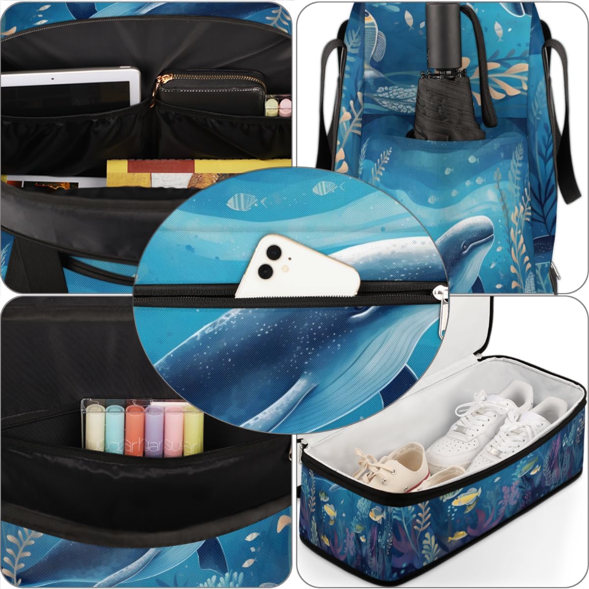 QsirBC Animal Whale Pattern Gym Bag for Women Duffle Tote with Shoes Compartment Men Weekender Duffel for Dance Travel Sports Swimming Overnight