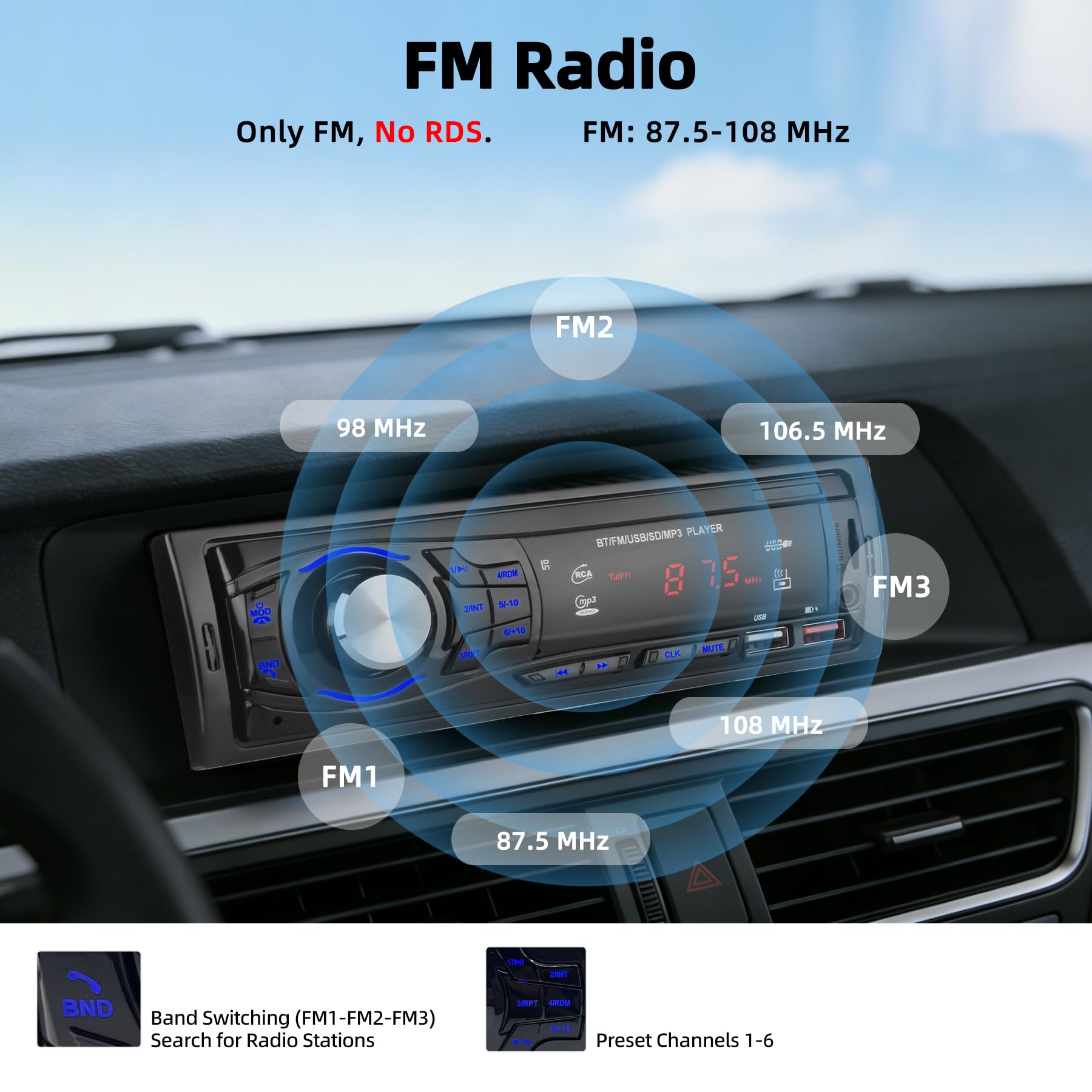 Autoradio Bluetooth 1 DIN - Stereo Auto con 2 Porte USB, Vivavoce Bluetooth, Radio FM, Supporto MP3 via USB/SD/AUX, Telecomando Incluso - Autoradio per auto 12V (nero)