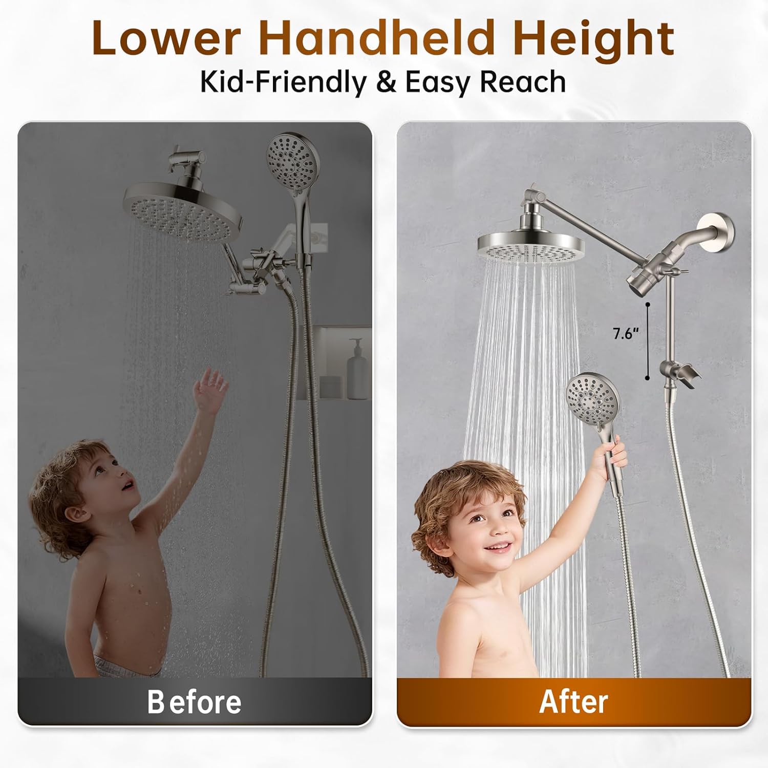 Before and after image showing a child easily reaching the handheld shower head after adjusting its height with the extension arm.