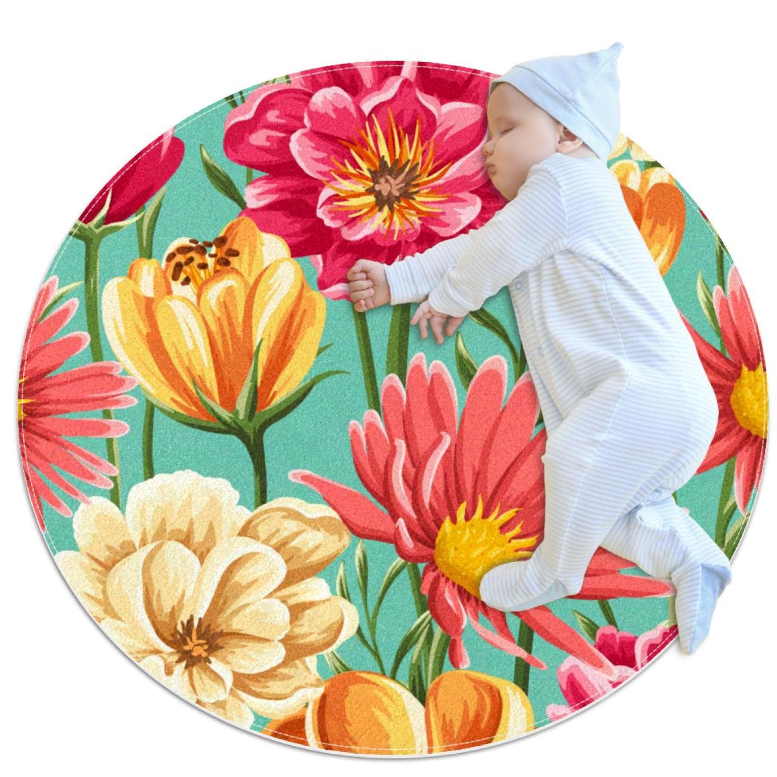 Tapis rond fleurs colorées antidérapant pour salon et jeux