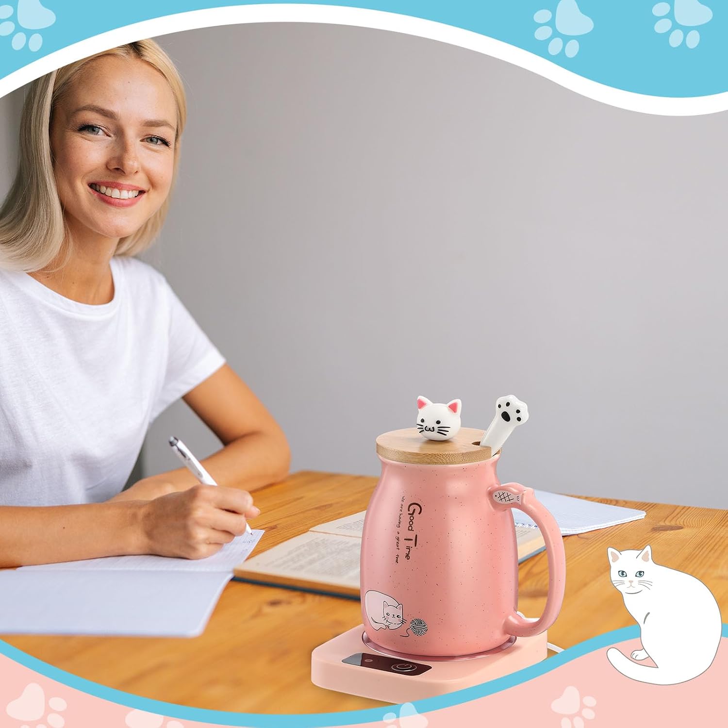 Reallnaive Coffee Cup Warmer with Cat Mug for Women with Lid Spoon,Pink