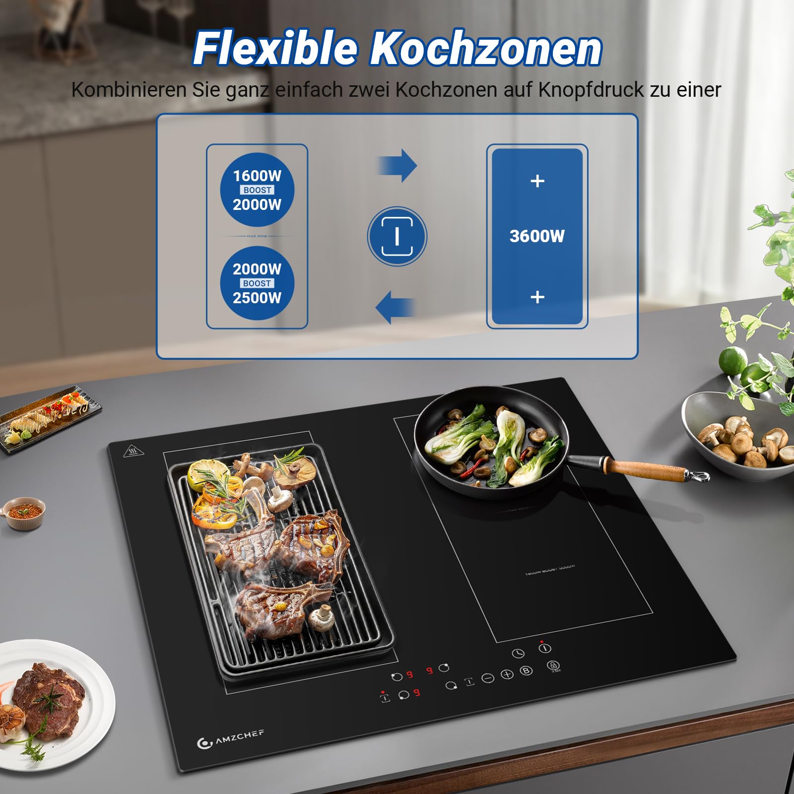 AMZCHEF Induktionskochfeld 60cm mit Zwei Flexzonen, 4 Zonen Induktionskochplatte mit Boost-Funktion und 9 Leistungsstufen, Touch-Bedienung, Timer, Sicherheitsschloss, Überhitzungsschutz, BBQ, 7200W | Sicherheitsverriegelung, automatische Abschaltung, Prot