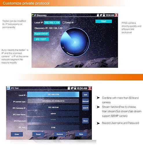 Vista 6 de Koolertron Probador de cámara IP de pantalla táctil IPS 4K H.265 de 7 pulgadas - IPC-9800 Plus, CCTV, CVBS, probador analógico, WiFi incorporado