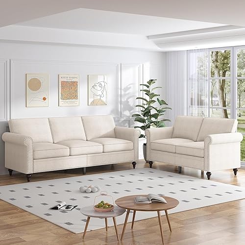 ijuicy 2-Piece Sectional Sofa Set, Modern Linen Upholstered Couch Set with 5" Thicken Cushion & Nailhead Trim, Living Room Furniture Set-Loveseat and 3 Seat Sofa (Beige)