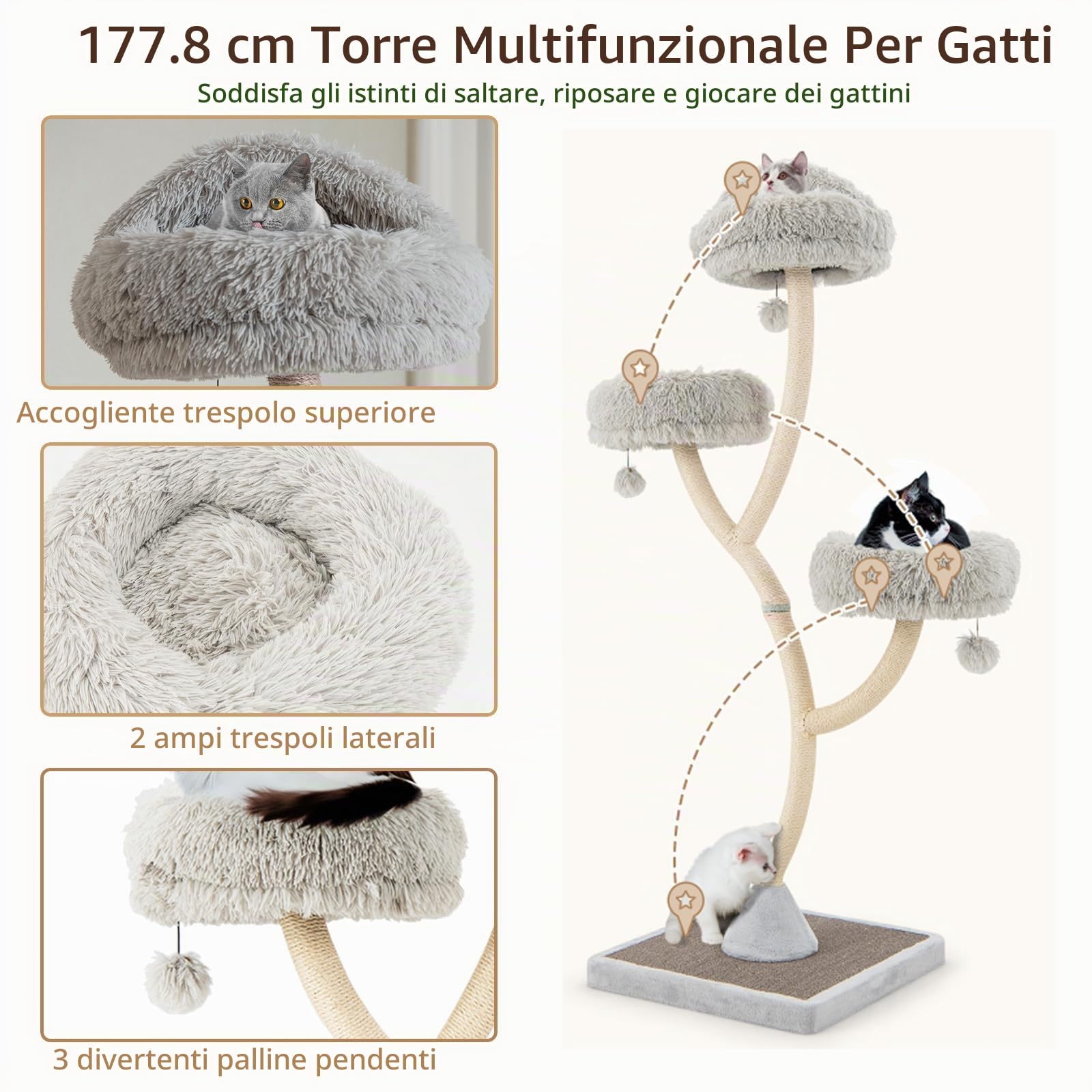 SOARS Albero Tiragraffi per Gatto Alto 180 cm a 4 Livelli, Albero per Gatti Forma di Rami con 3 Nidi e Pompon, Torre Gatti Struttura in Metallo e Base in Sisal, 59 x 59 x 178 cm (Grigio)
