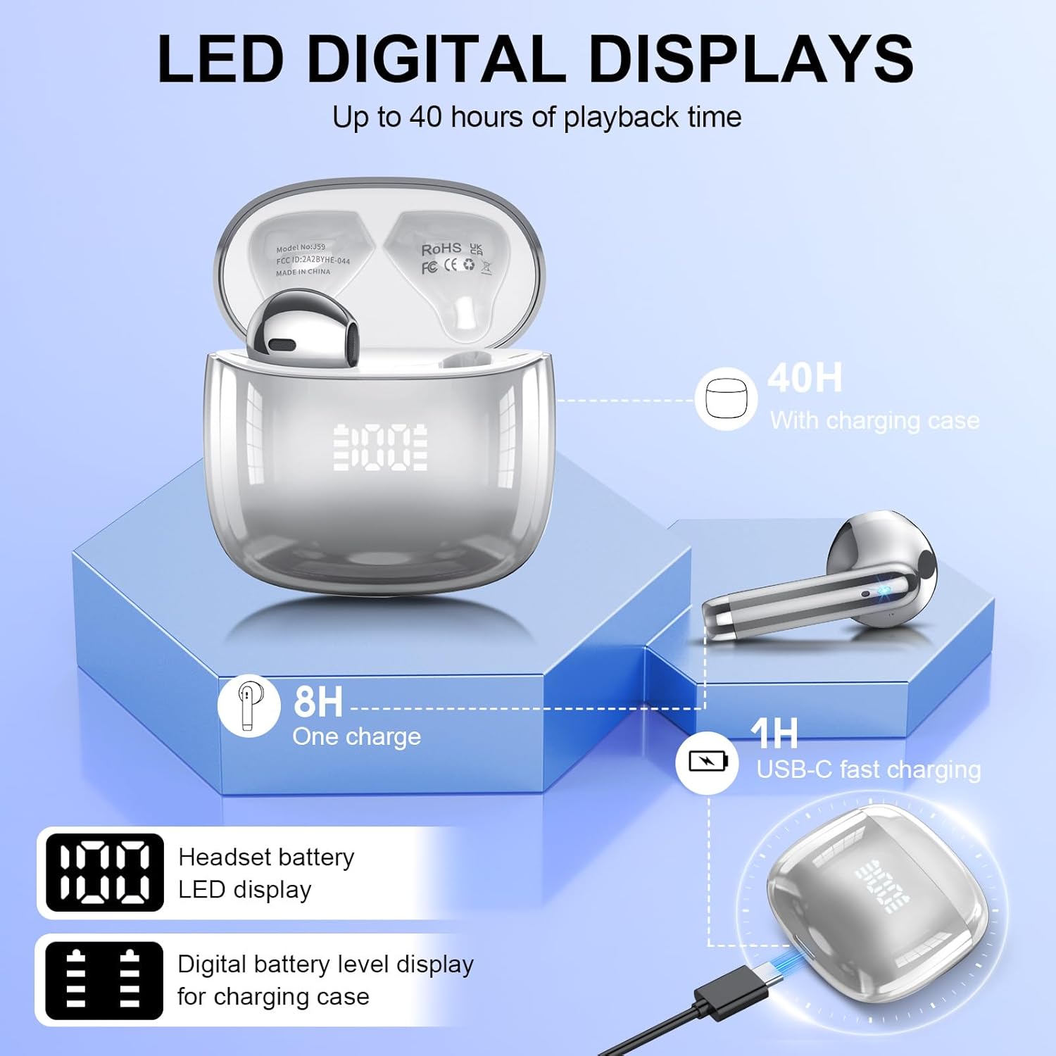 Wireless Earbuds, Bluetooth Headphones 48H Playtime Ear Buds with LED Power Display, IPX7 Waterproof Bluetooth 5.4 Earphones in-Ear Earbuds with 4 Mic for Android iOS Cell Phone Laptop, Silver - Image 4