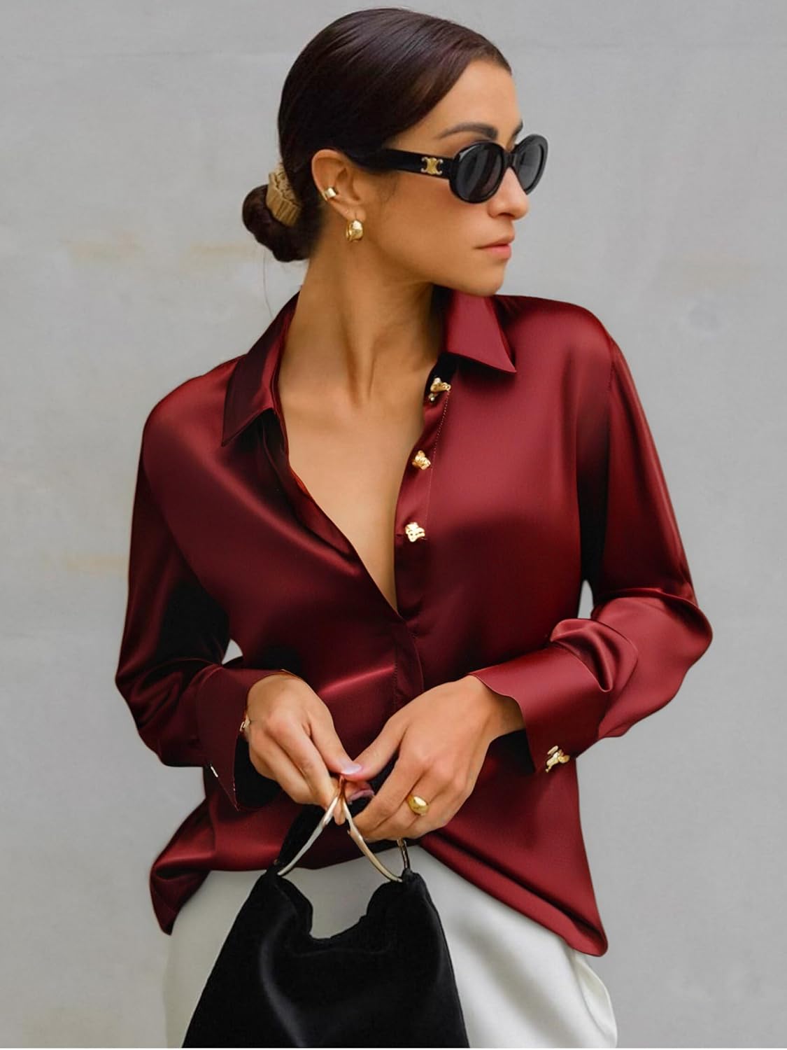 Damipow Satin Silk Button Down Shirts for Women Dress Shirts Long Sleeve Blouses Womens Shirts - Image 3