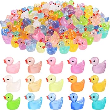 Luminous Mini Resin Duck 15 Colors 300 Pack Figurines Bulk for Miniature Dollhouse Decor Accessories Garden Aquarium Potted Ornament Party Toys DIY Charms Office Classroom Activity to Hide