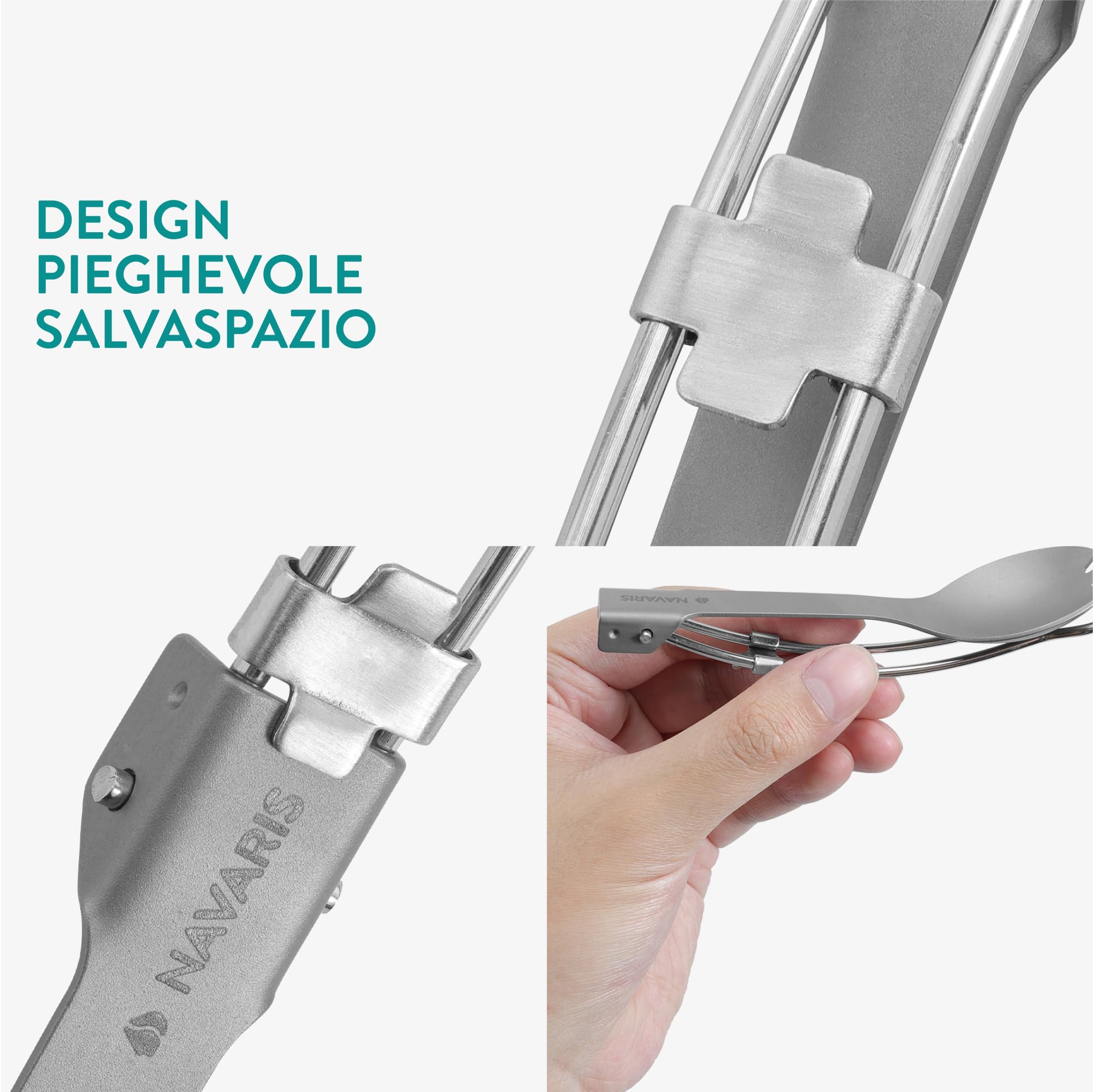 Navaris Spork Pieghevole - Cucchiaio Forchetta 2 in 1 da 21,5 cm - Posate da Campeggio Pieghevoli in Acciaio Inox e Titanio - Include Portaposate da Viaggio in Flanella