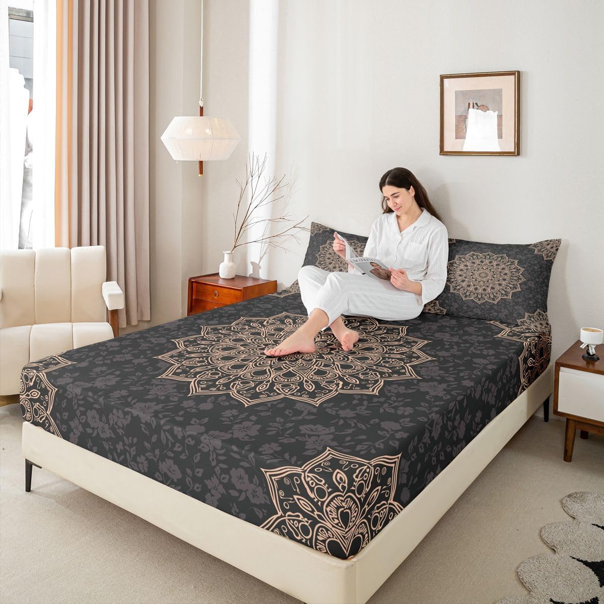 Erosebridal Boho Floral Bed Sheets Full Geometric Sheet Set, Hippie Mandala Soft Lightweight Bedding Set, Art Deco Medallion Fitted Sheet with Deep Pocket